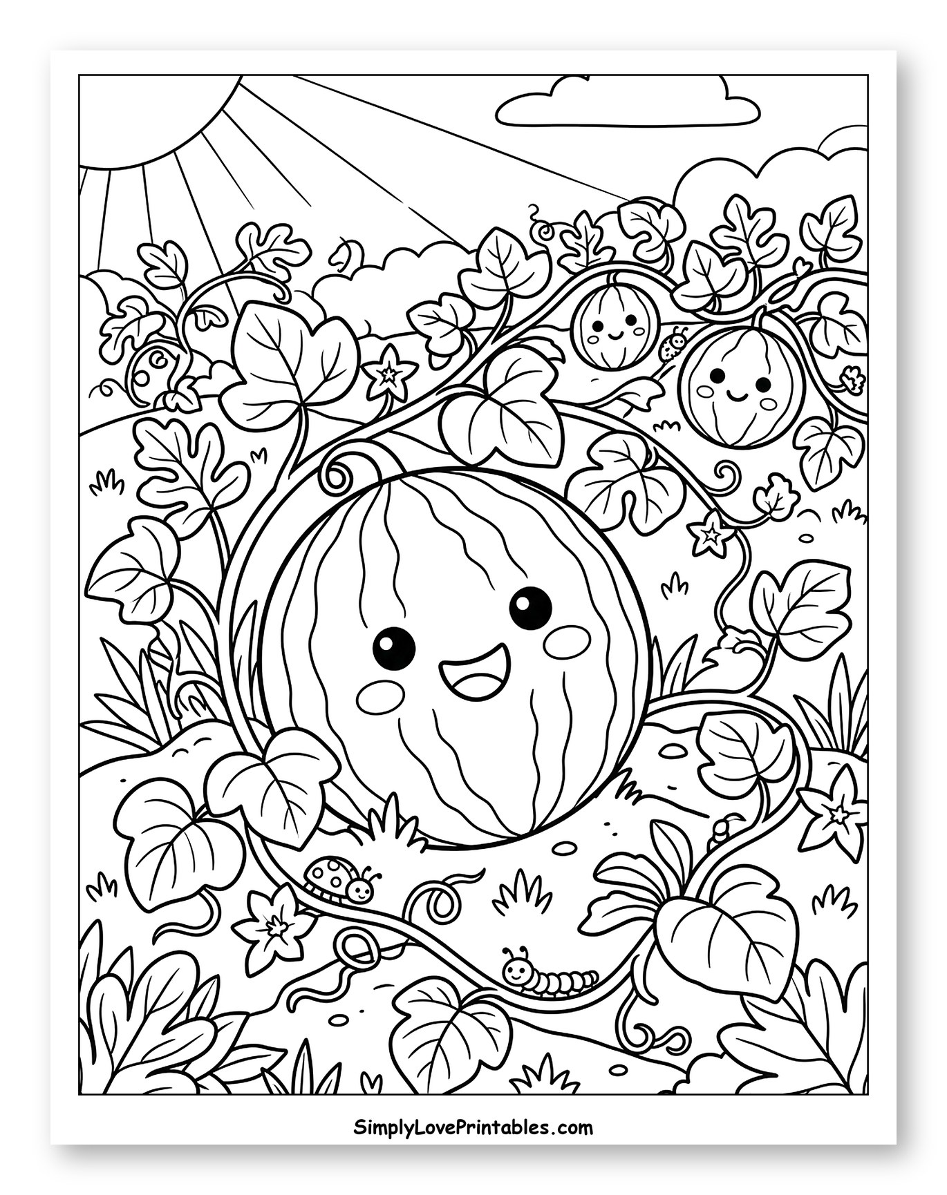 Happy Watermelons Growing in a Sunny Field Coloring Page for Kids