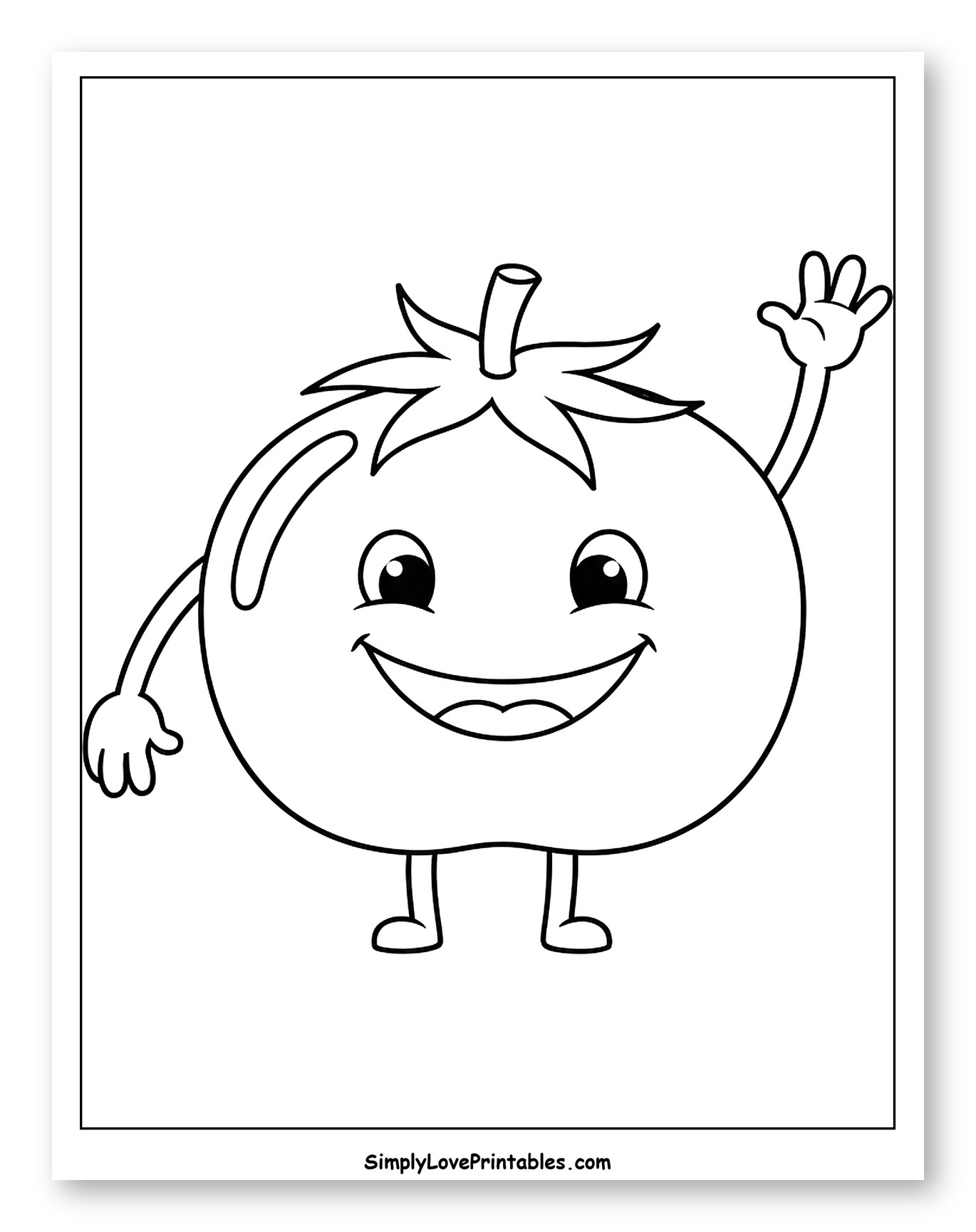 Happy Waving Cartoon Tomato Character Coloring Sheet for Toddlers