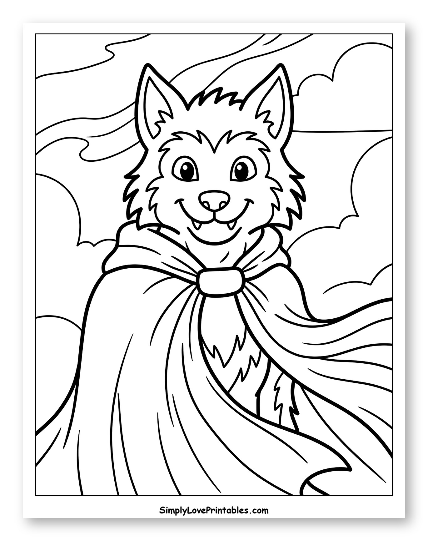 Happy Werewolf in a Cape Against Clouds Coloring Sheet for Toddlers