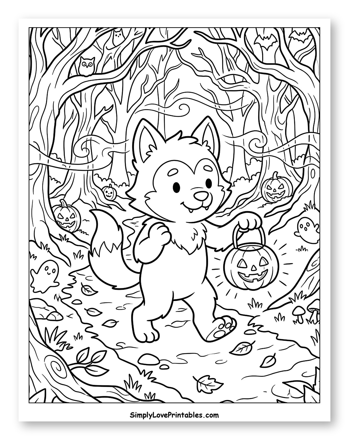 Happy Werewolf in Spooky Halloween Forest to Color for Kids