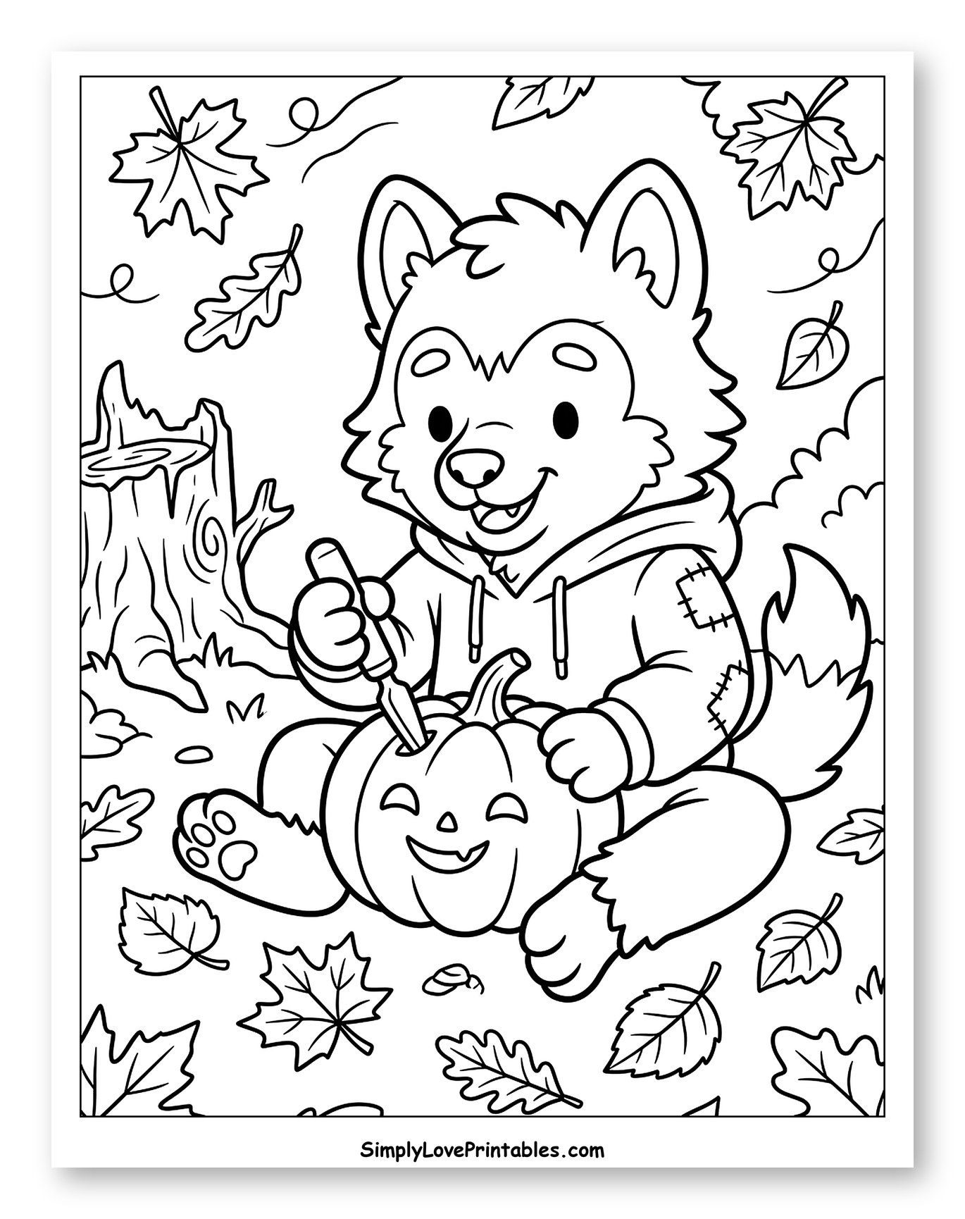 Happy Werewolf Making a Jack-o'-lantern to Color for Kids