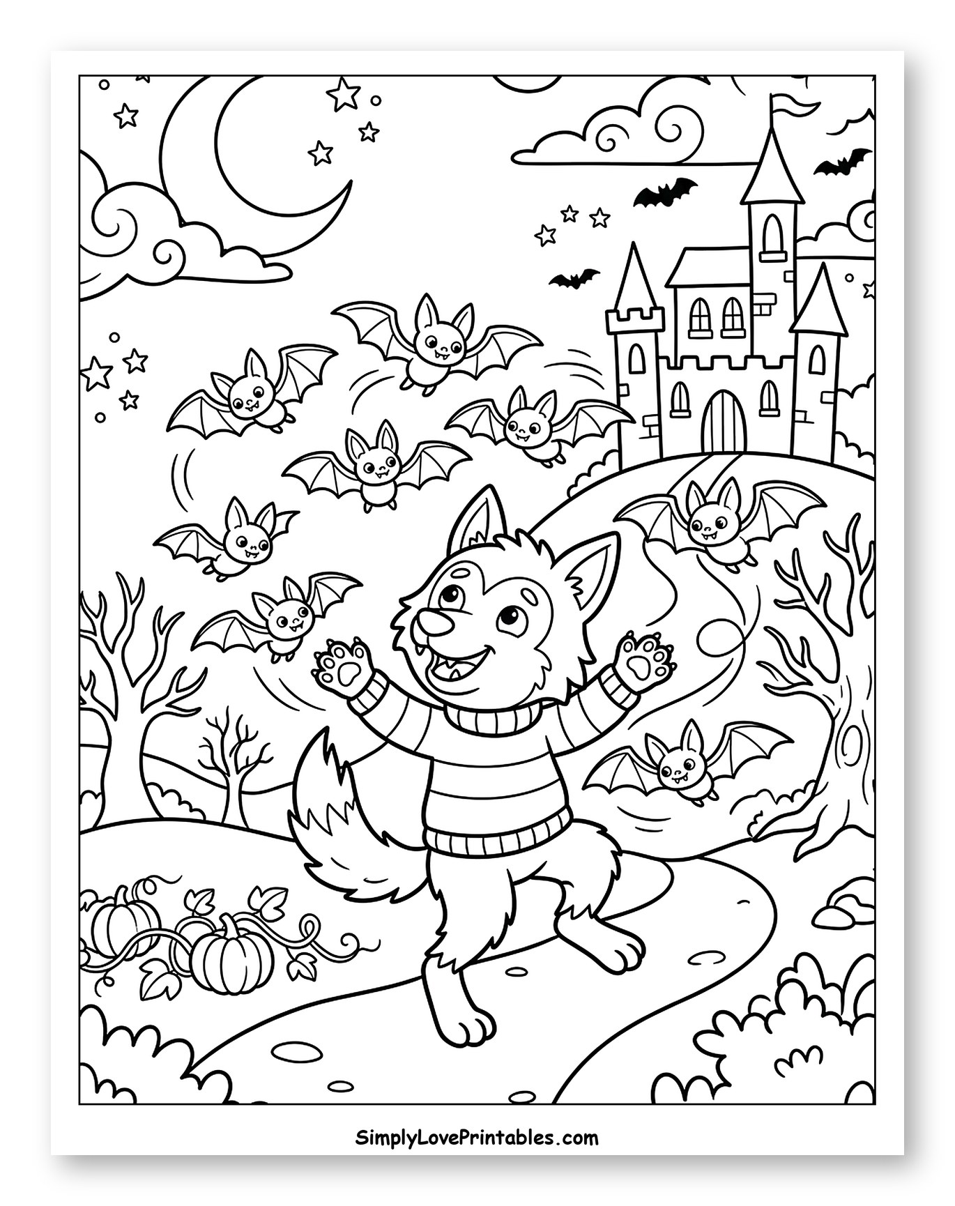 Happy Werewolf Playing with Bats and Pumpkins