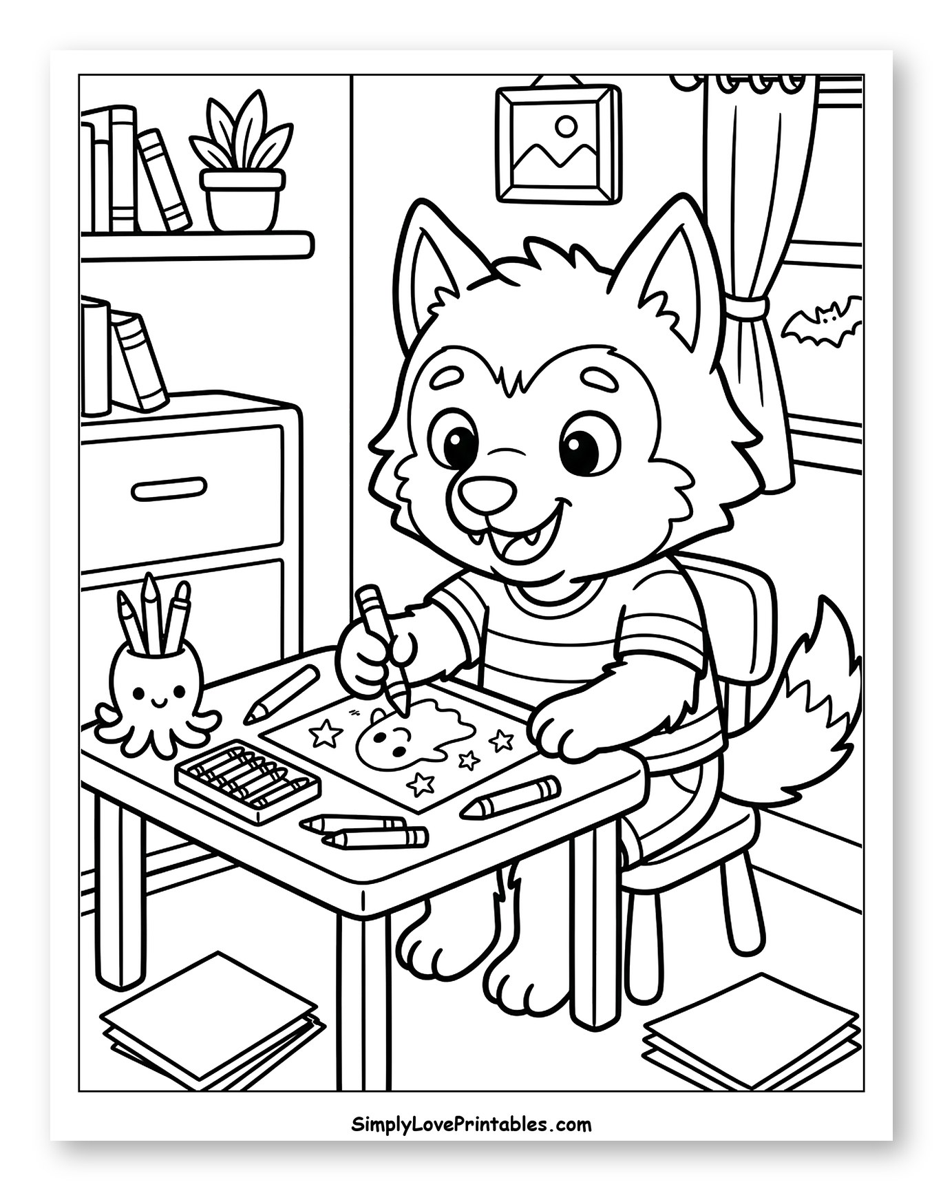 Happy Werewolf Pup Creating Halloween Art Coloring Sheet for Kids