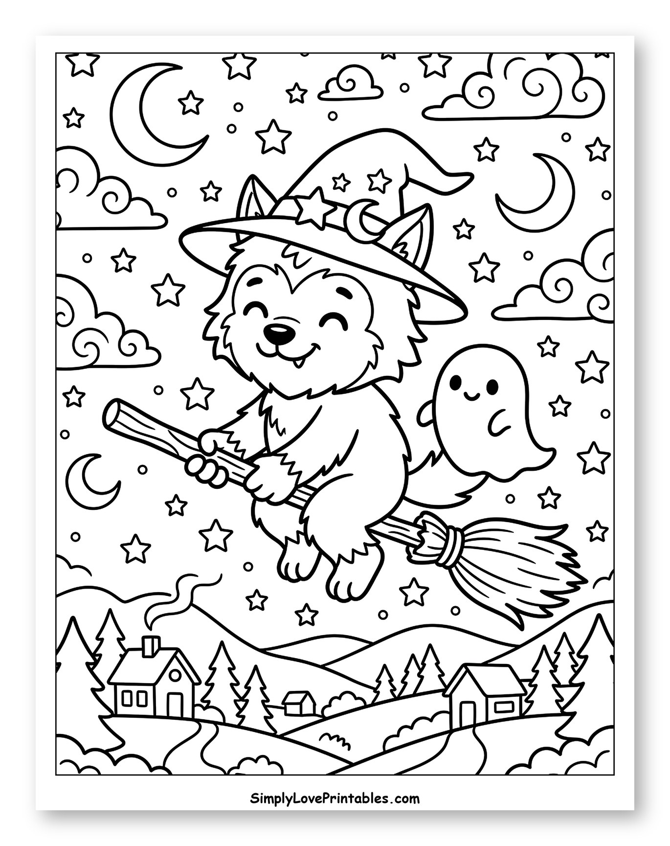 Happy Werewolf Witch Flying with Ghost