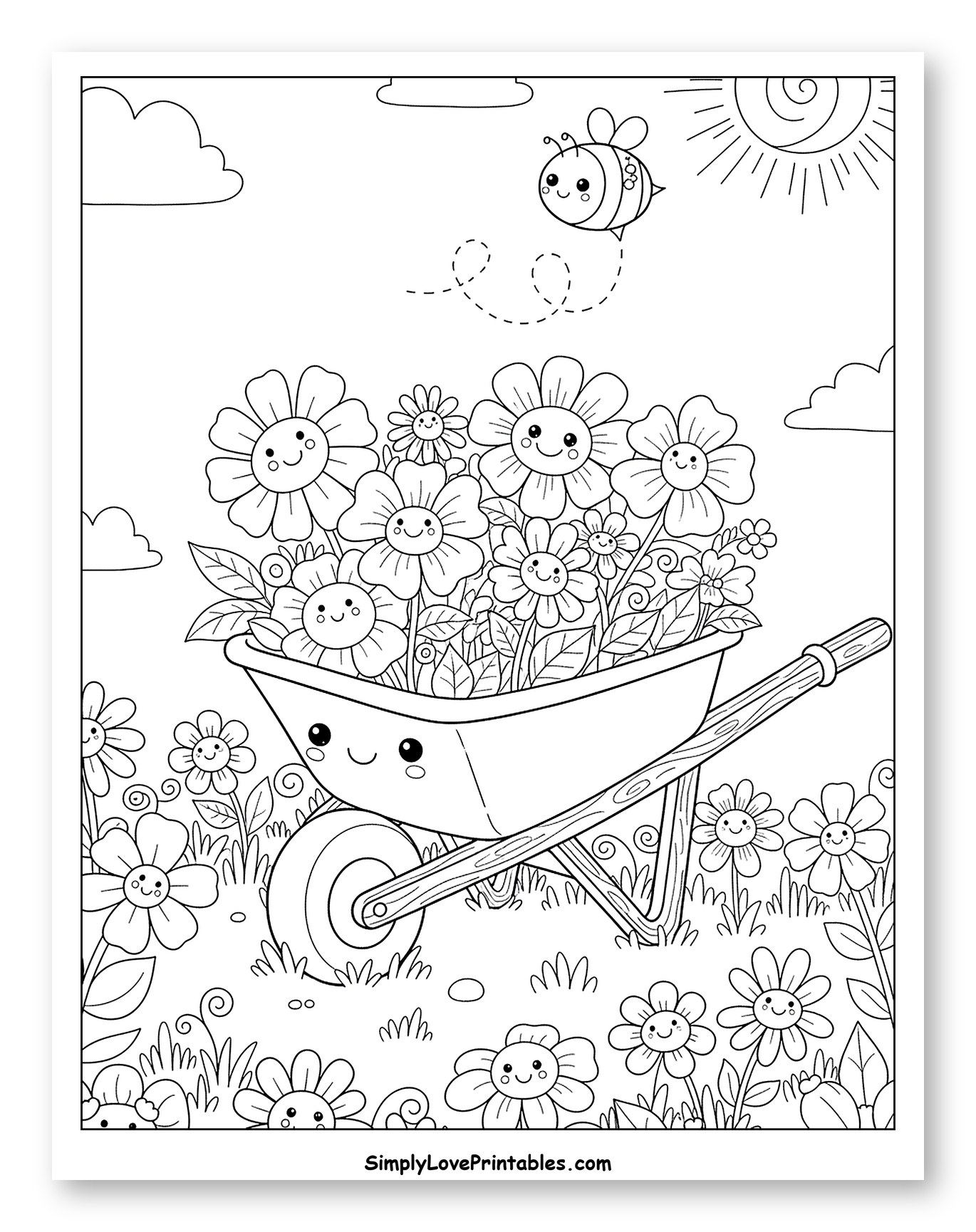 Happy Wheelbarrow Full of Flowers with a Flying Bee to Color for Kids