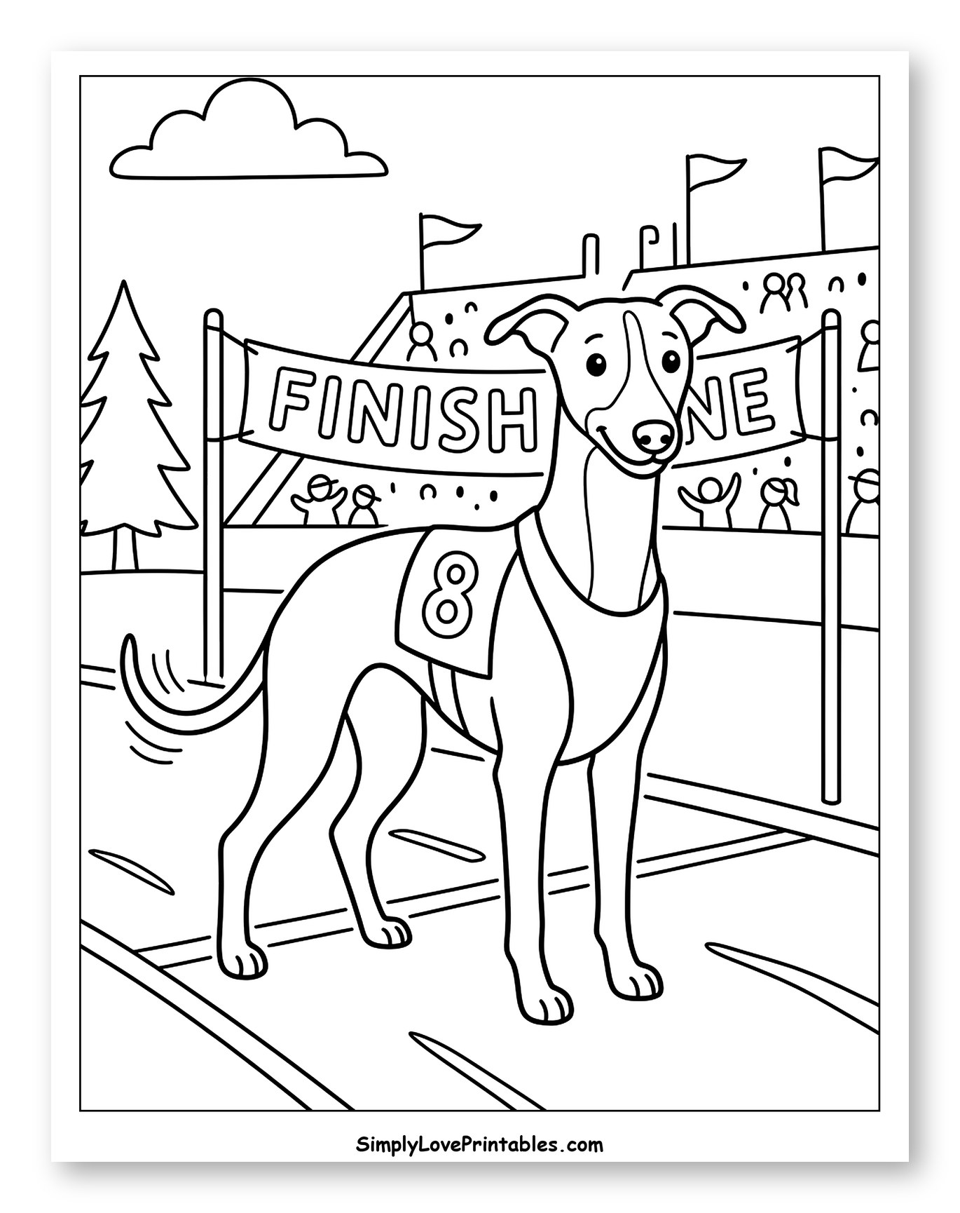 Happy Whippet Dog at Race Finish Line Coloring Page for Kids