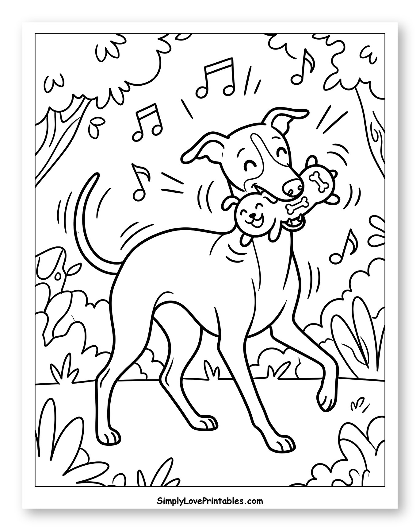Happy Whippet Dog with Toy and Music Notes