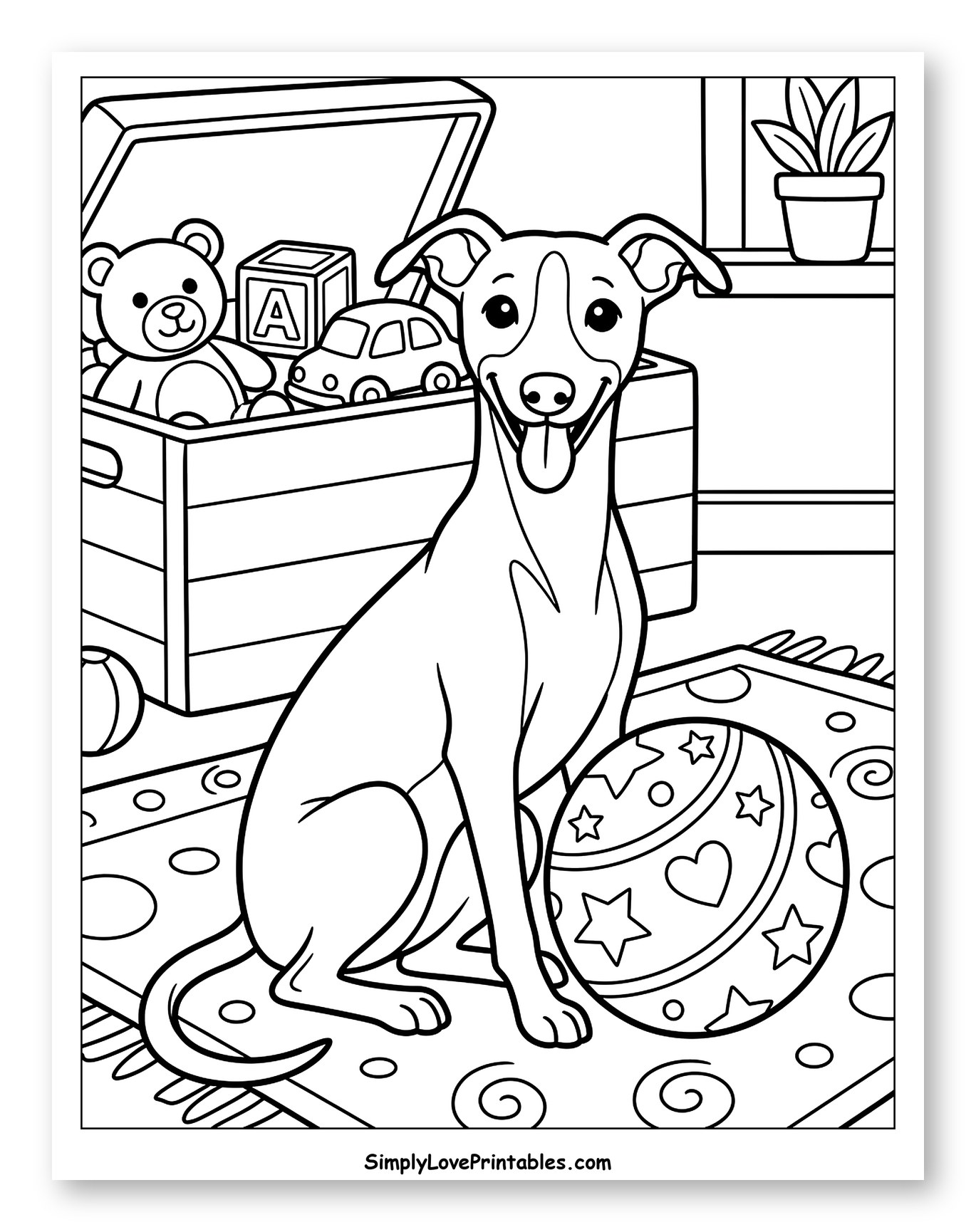 Happy Whippet Dog with Toys on a Rug to Color for Kids
