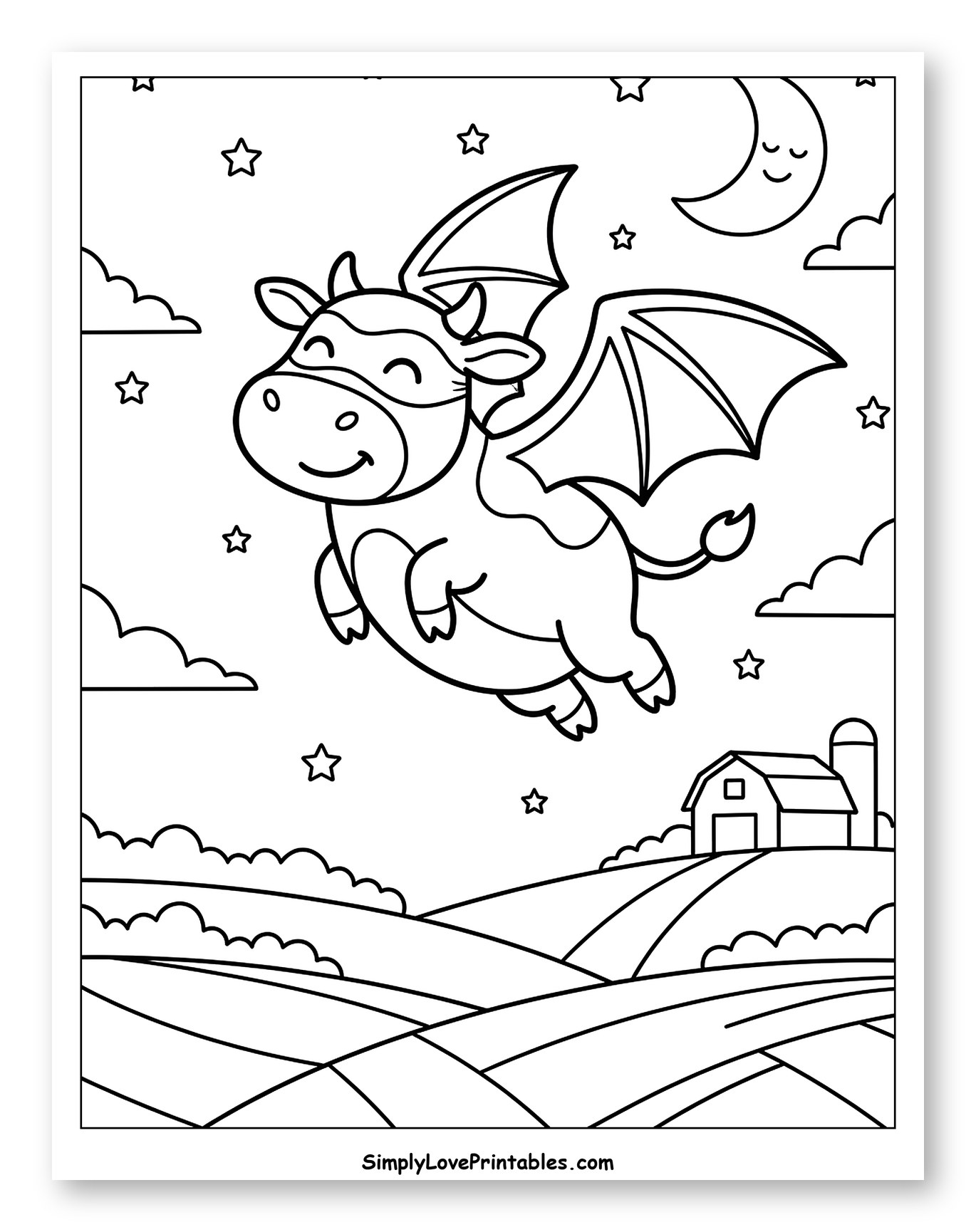 Happy Winged Cow Flying Over Farm Coloring Page for Kids