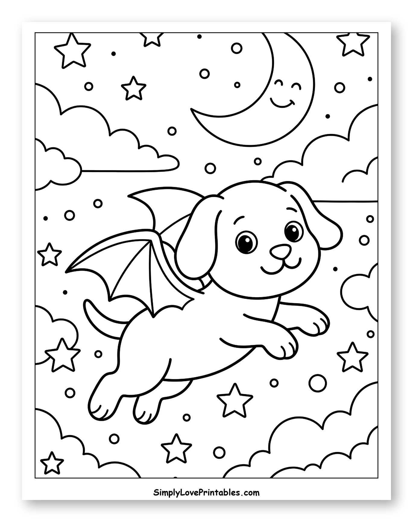 Happy Winged Puppy Flying in Night Sky