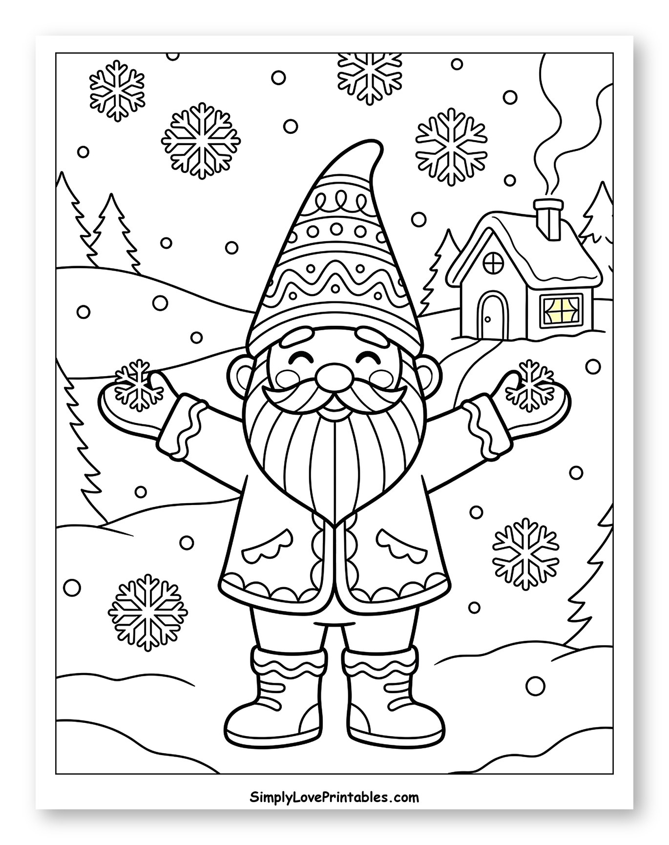 Happy Winter Gnome Catching Snowflakes Coloring Sheet for Kids