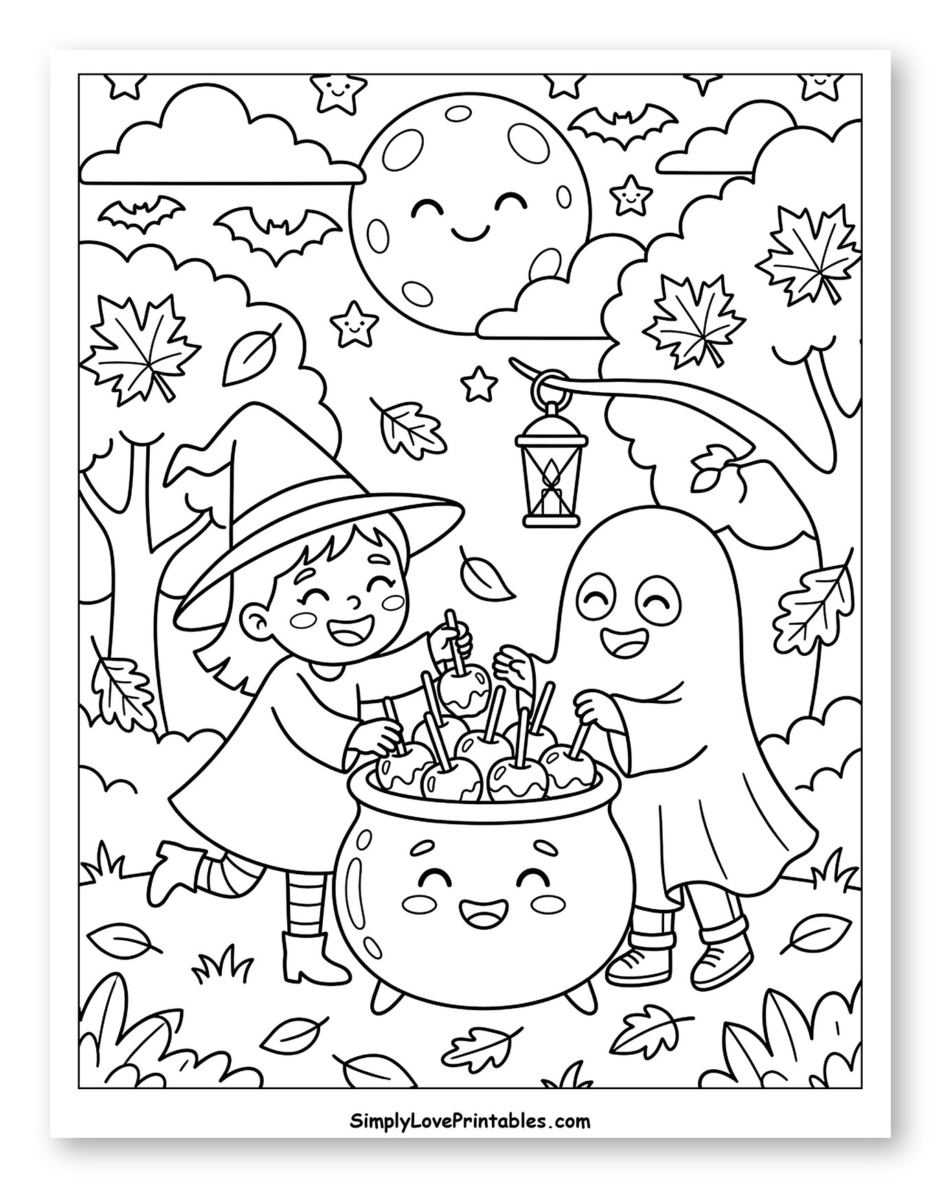 Happy Witch and Ghost Making Candy Apples