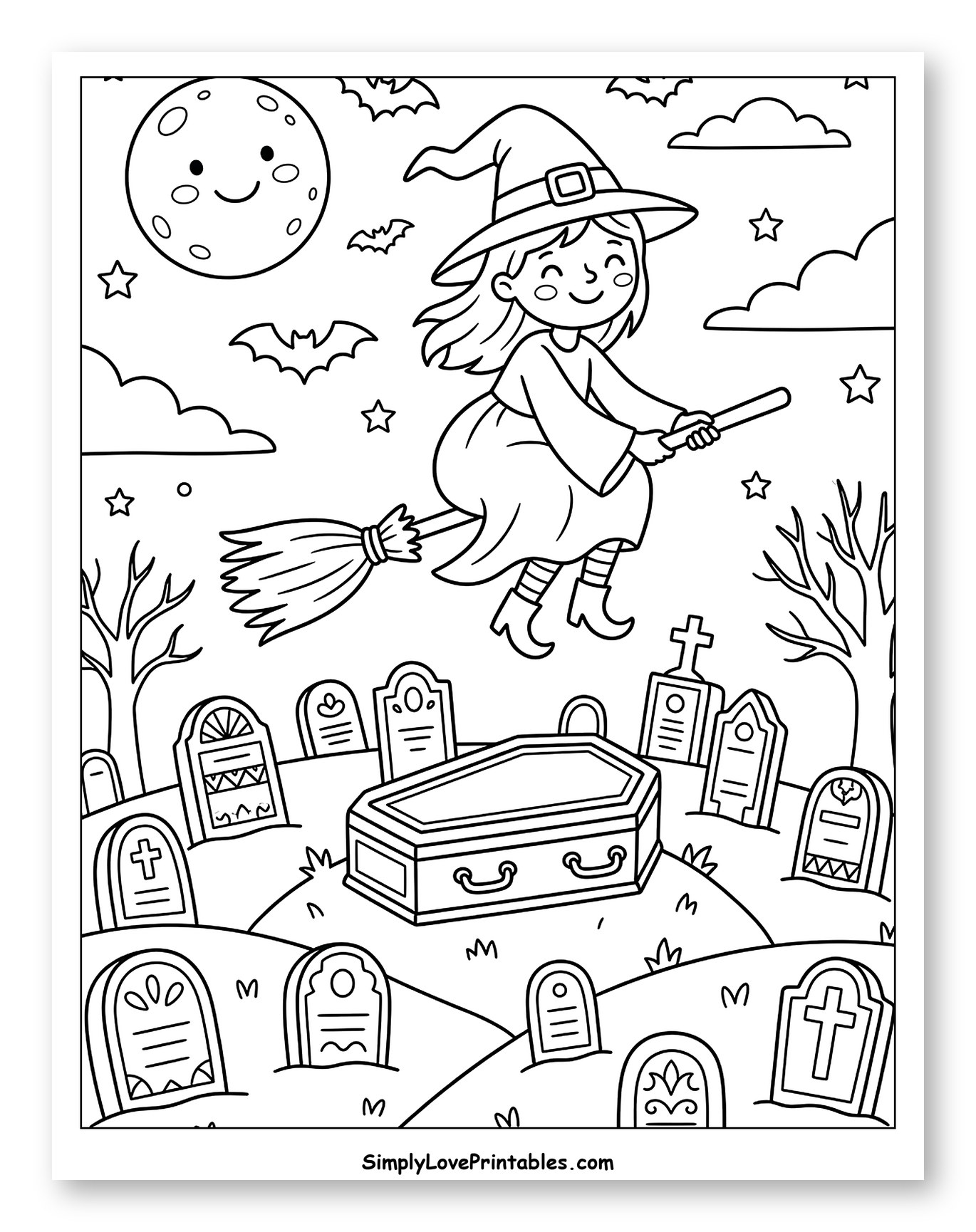 Happy Witch Flying Over a Graveyard