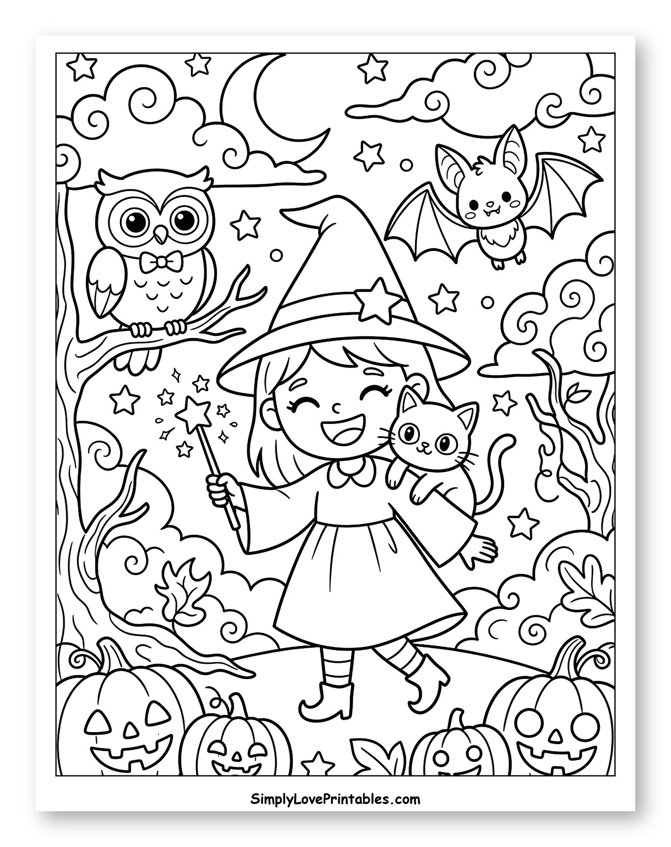 Happy Witch Girl with Cat, Owl, and Bat