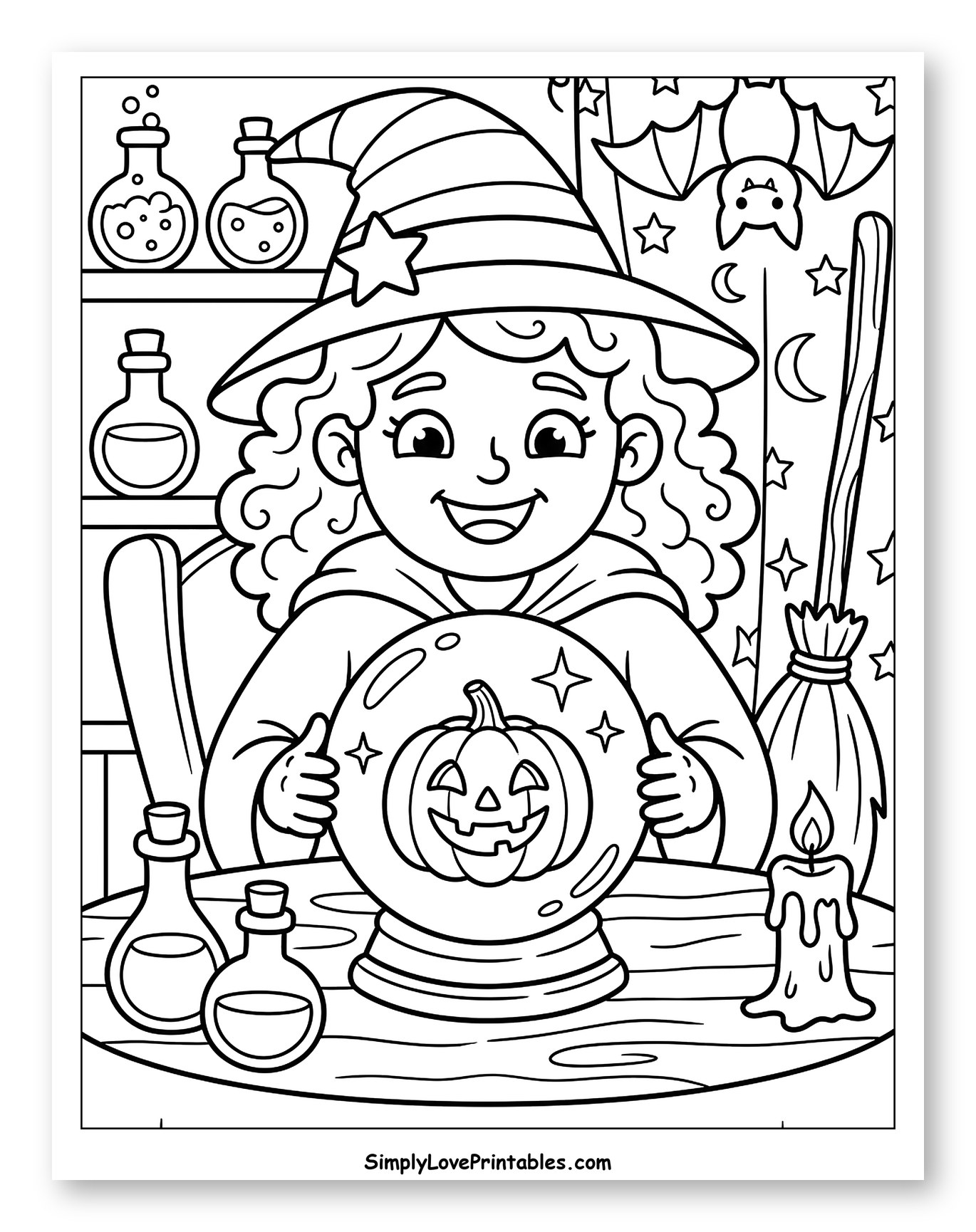 Happy Witch Holding Crystal Ball with Jack-o'-Lantern
