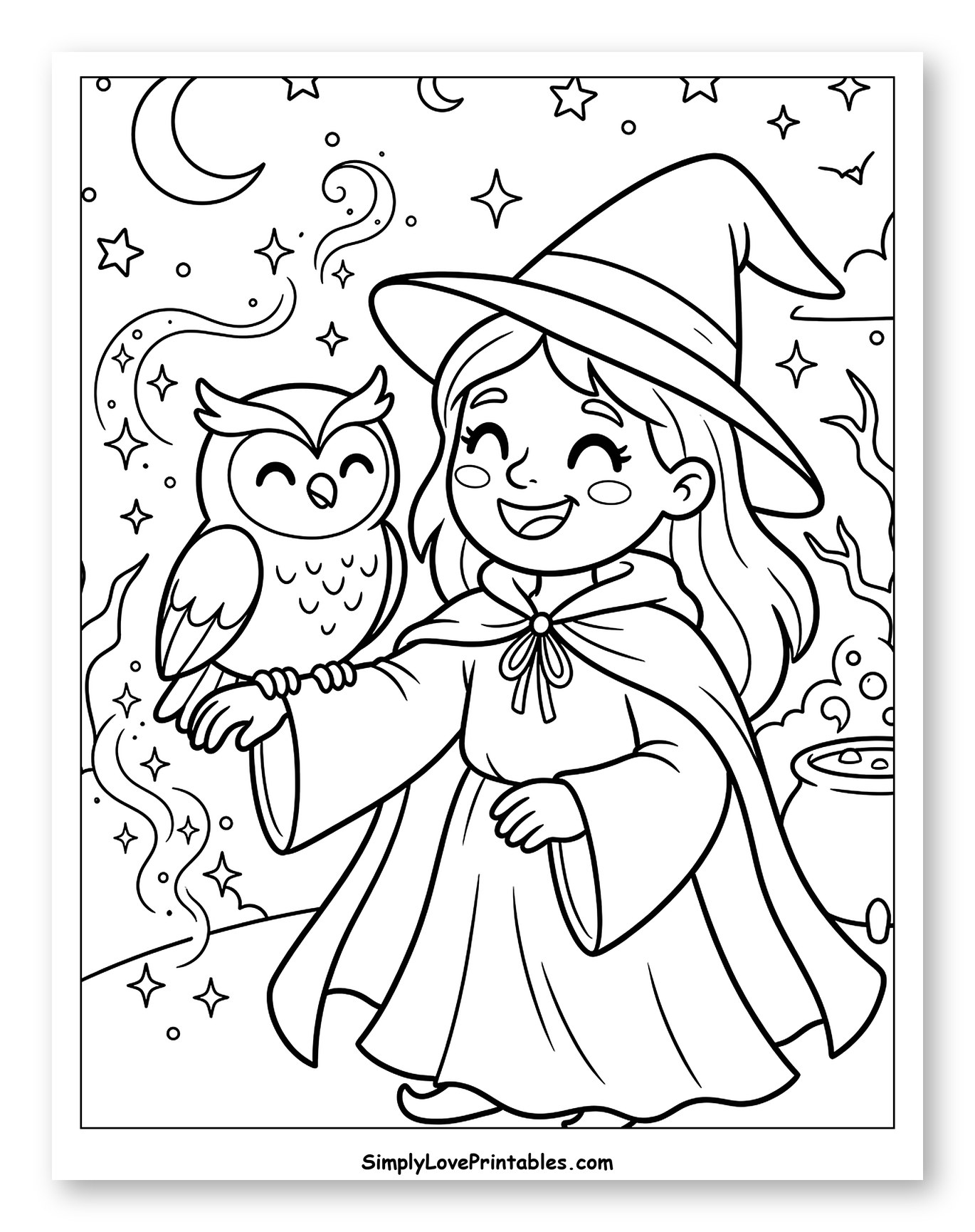 Happy Witch Holding Owl at Night