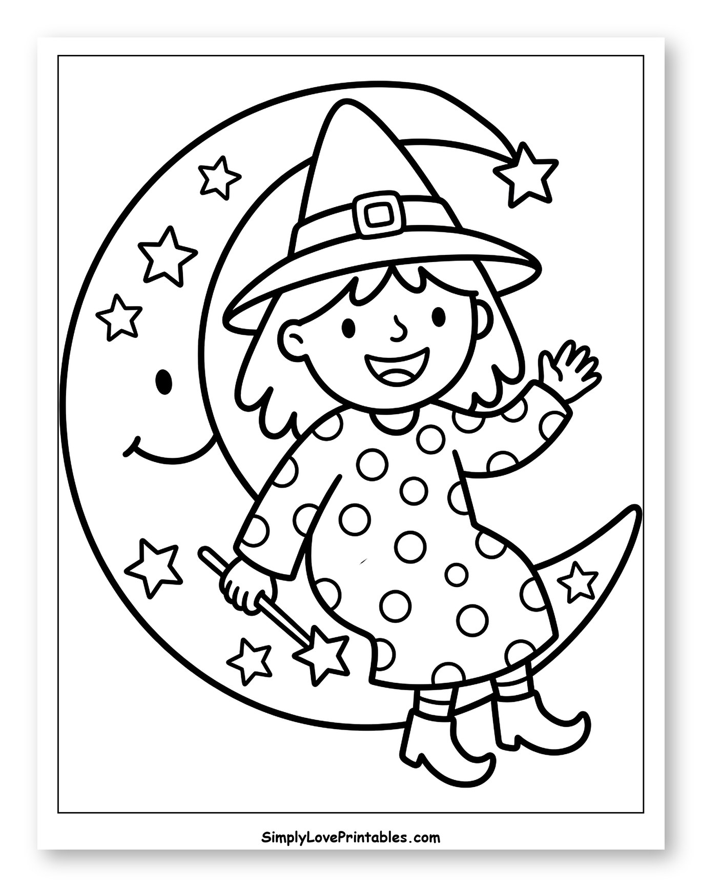 Happy Witch with Wand on Crescent Moon