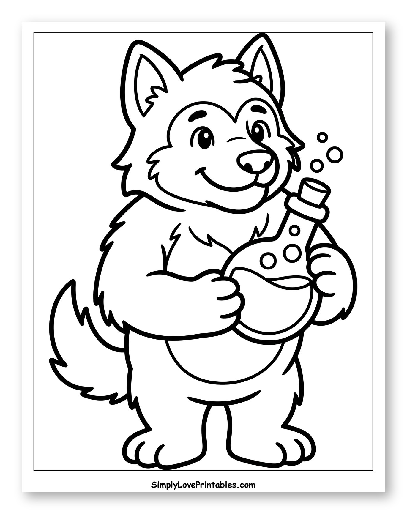 Happy Wolf Holding a Science Potion Coloring Page for Toddlers
