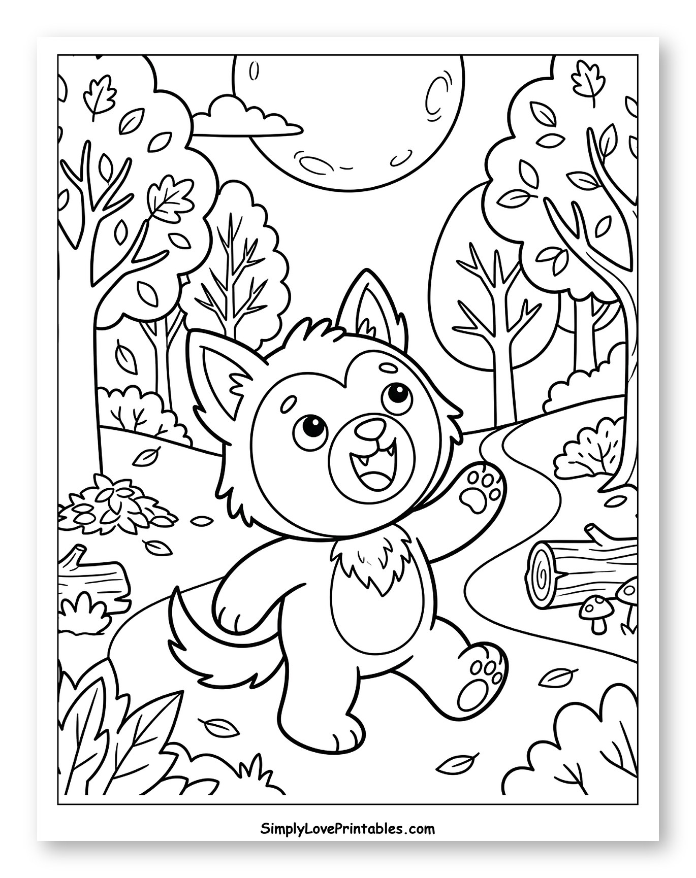 Happy Wolf Pup Under Full Moon