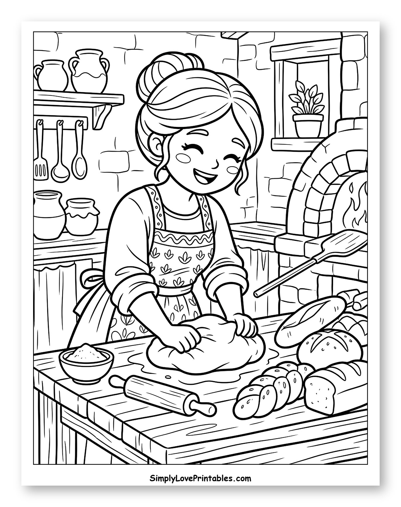 Happy Woman Baking Bread in Kitchen Coloring Page for Kids