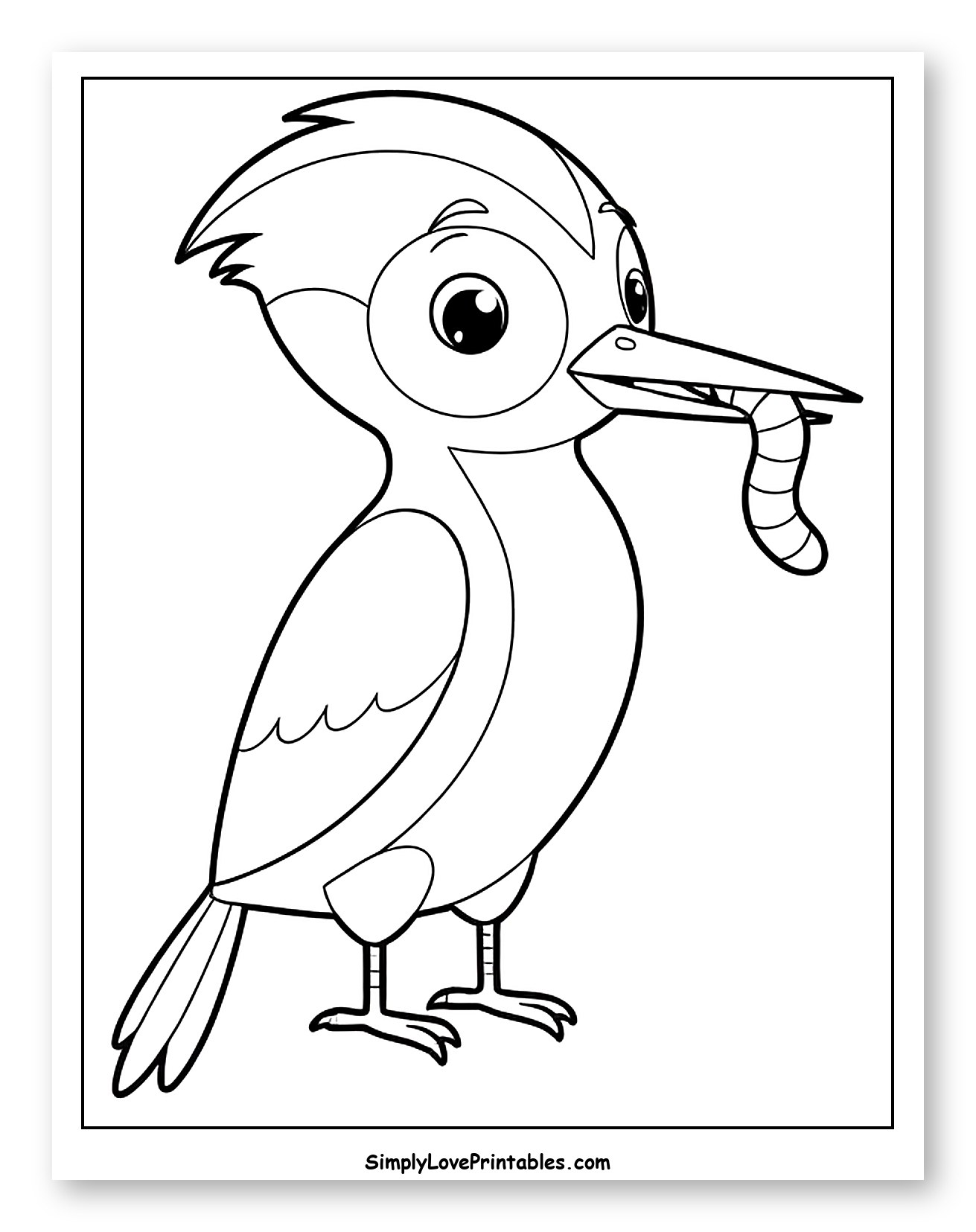 Happy Woodpecker Holding a Worm Coloring Sheet for Toddlers