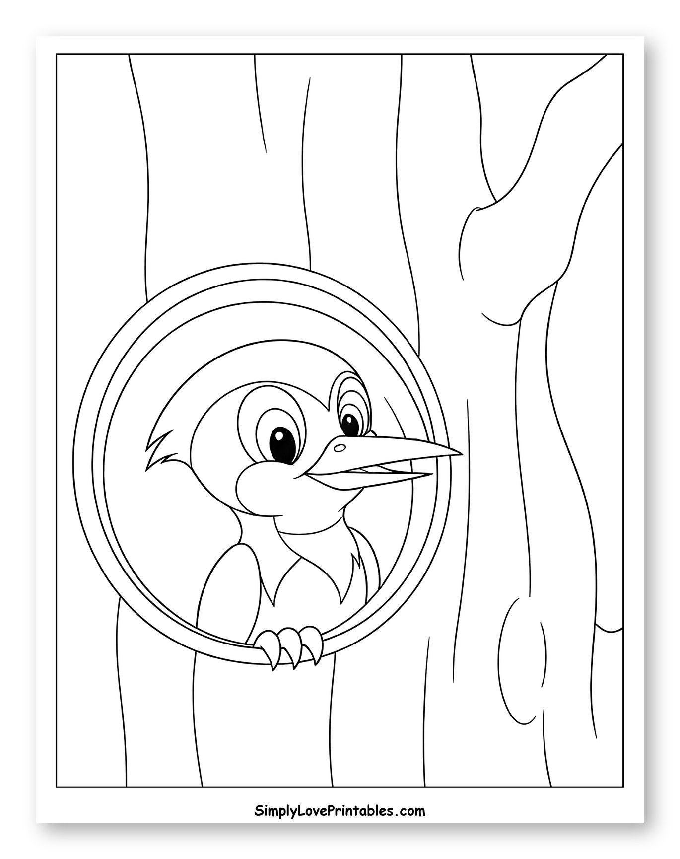 Happy Woodpecker Peeking from a Tree Hole Coloring Sheet for Toddlers