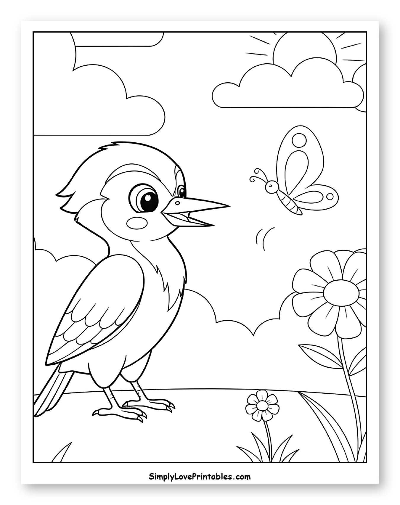 Happy Woodpecker with Butterfly and Flowers