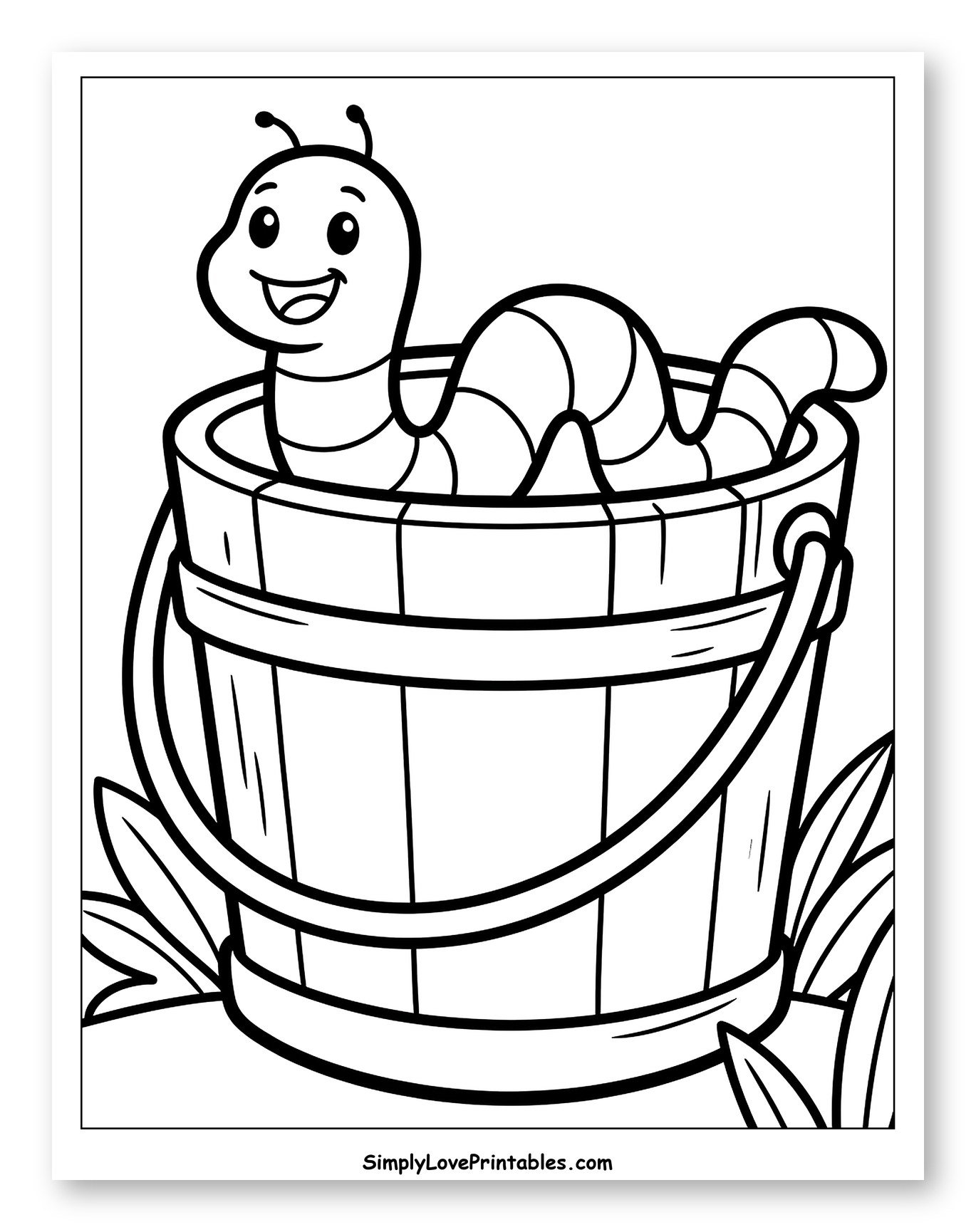 Happy Worm in a Wooden Bucket to Color for Toddlers