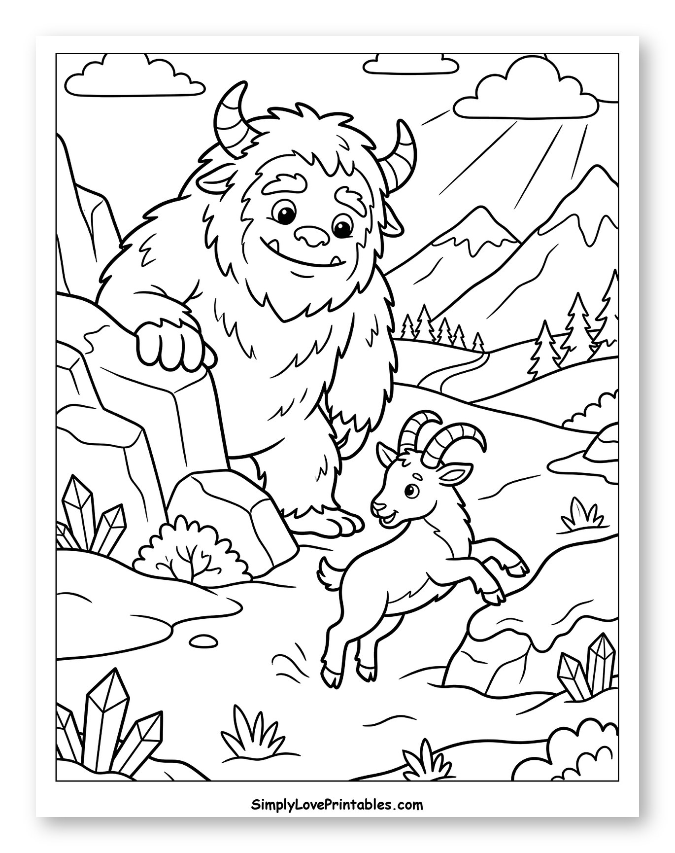 Happy Yeti and Playful Mountain Goat Coloring Sheet for Kids