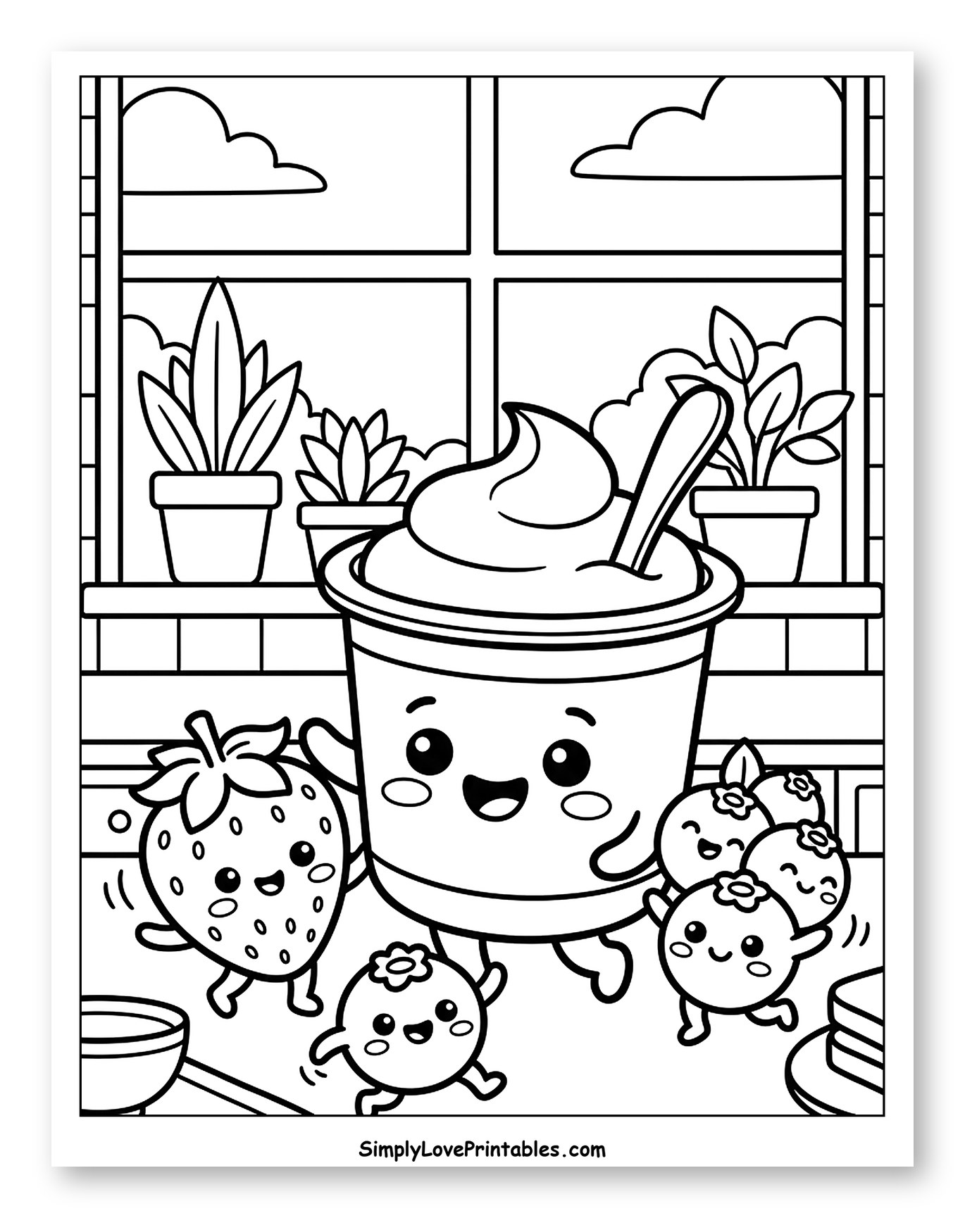 Happy Yogurt and Berry Friends to Color for Kids