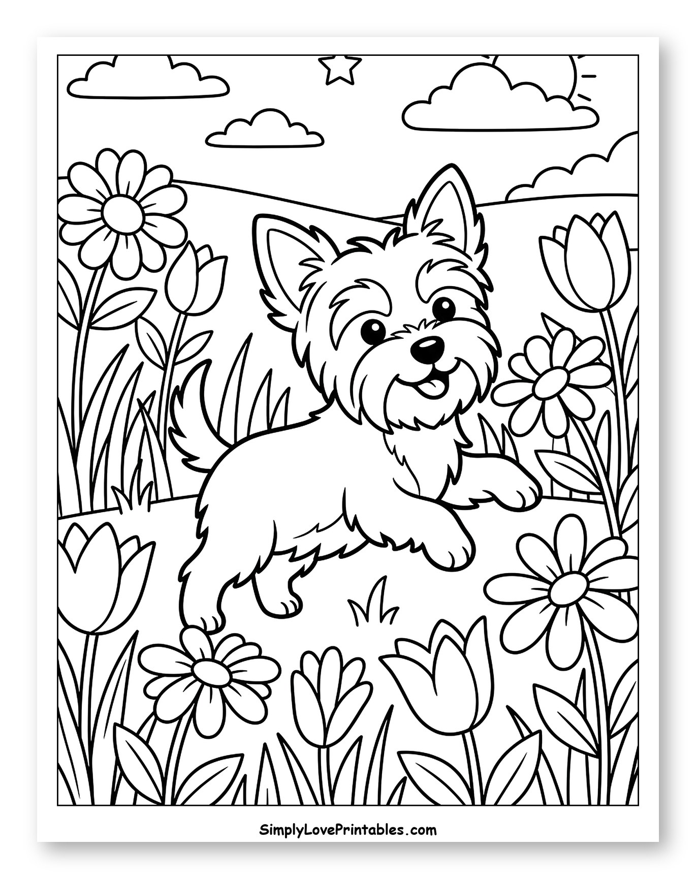 Happy Yorkie Dog Among Spring Flowers Coloring Page for Kids