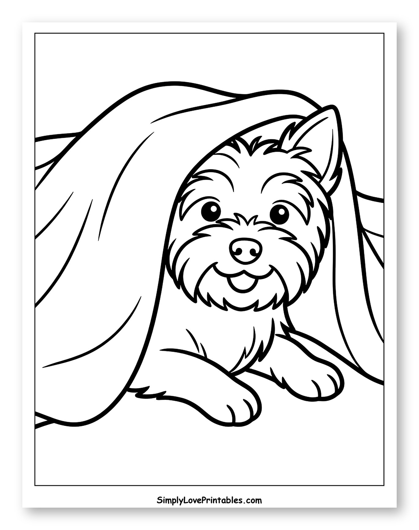 Happy Yorkie Dog Peeking Under Blanket Coloring Page for Toddlers