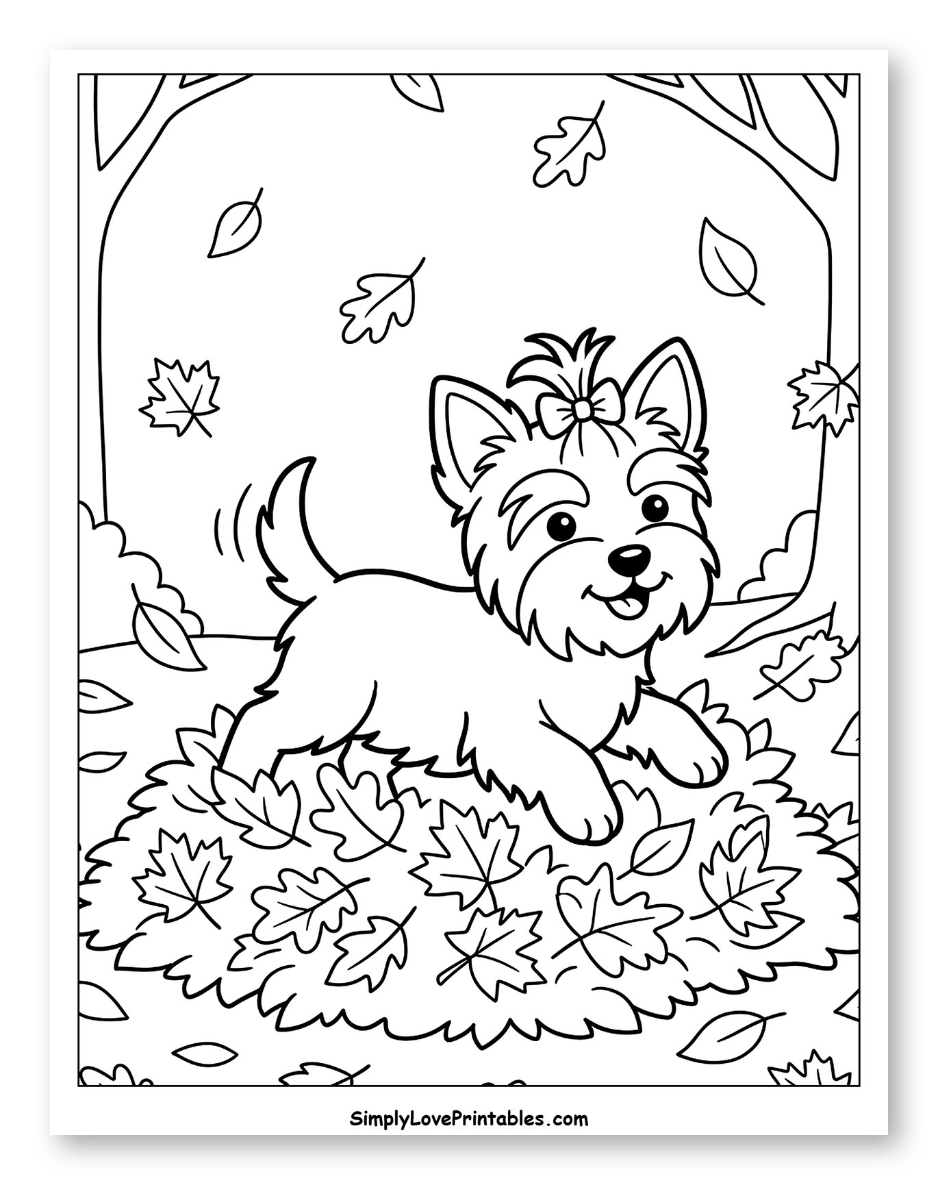Happy Yorkie Puppy Playing in Leaves