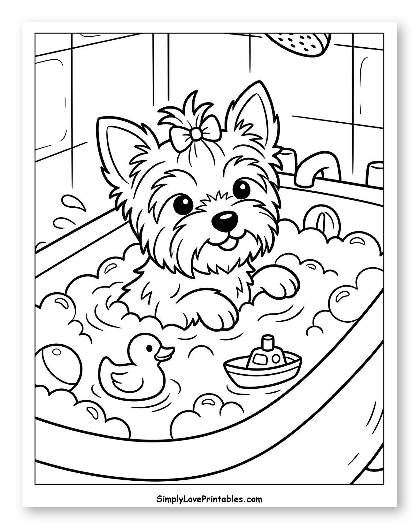 Happy Yorkie Puppy Taking a Bubble Bath Coloring Sheet for Kids