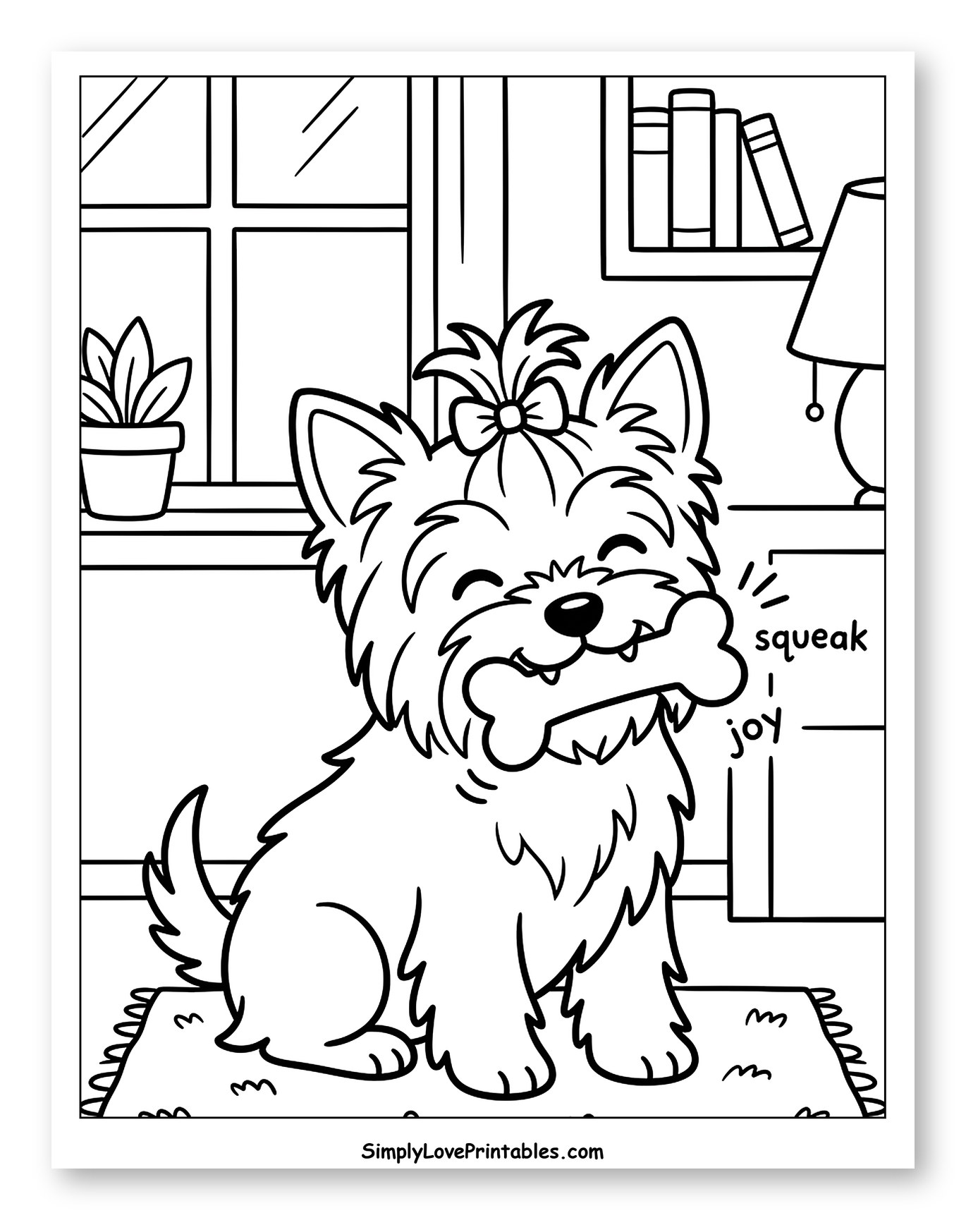 Happy Yorkshire Terrier Holding a Bone Coloring Sheet for Kids
