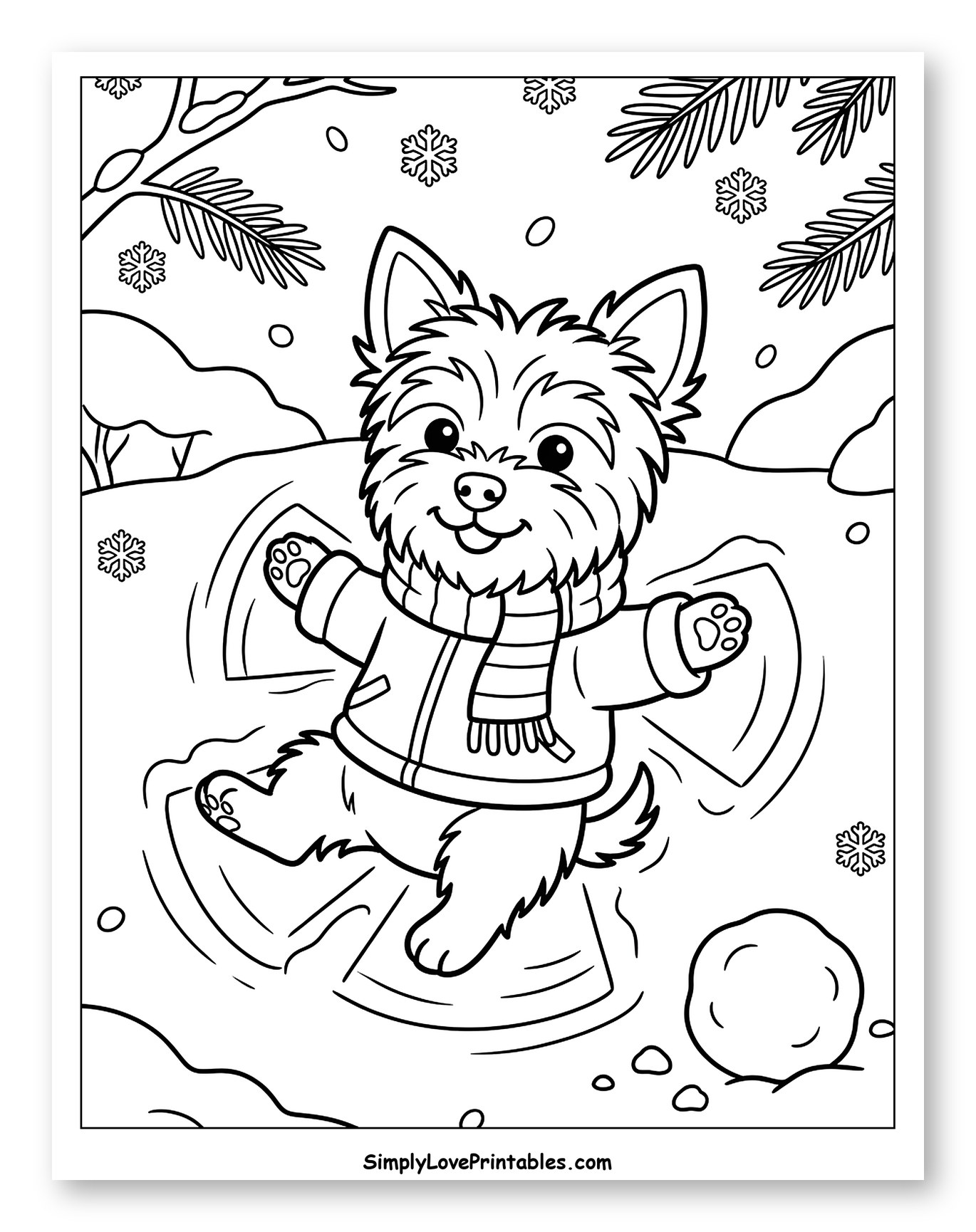 Happy Yorkshire Terrier Making a Snow Angel to Color for Kids