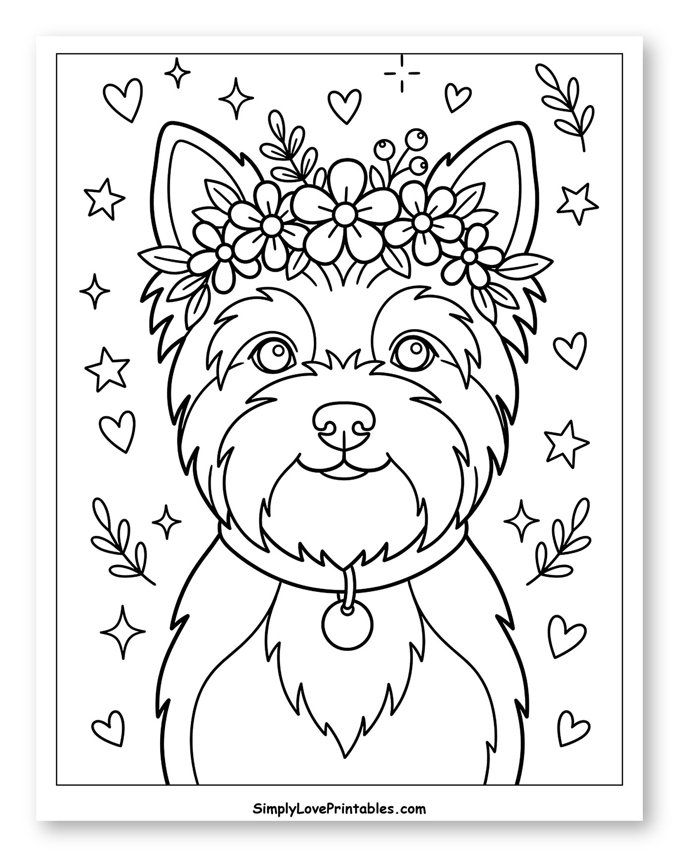 Happy Yorkshire Terrier with Flowers and Stars