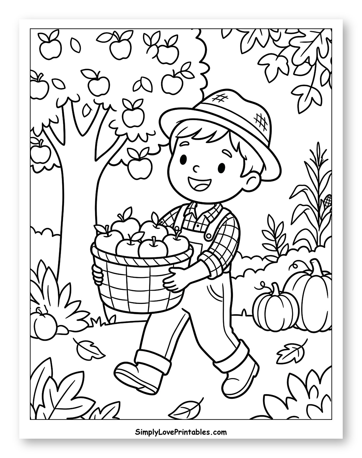Happy Young Farmer Carrying a Basket of Apples