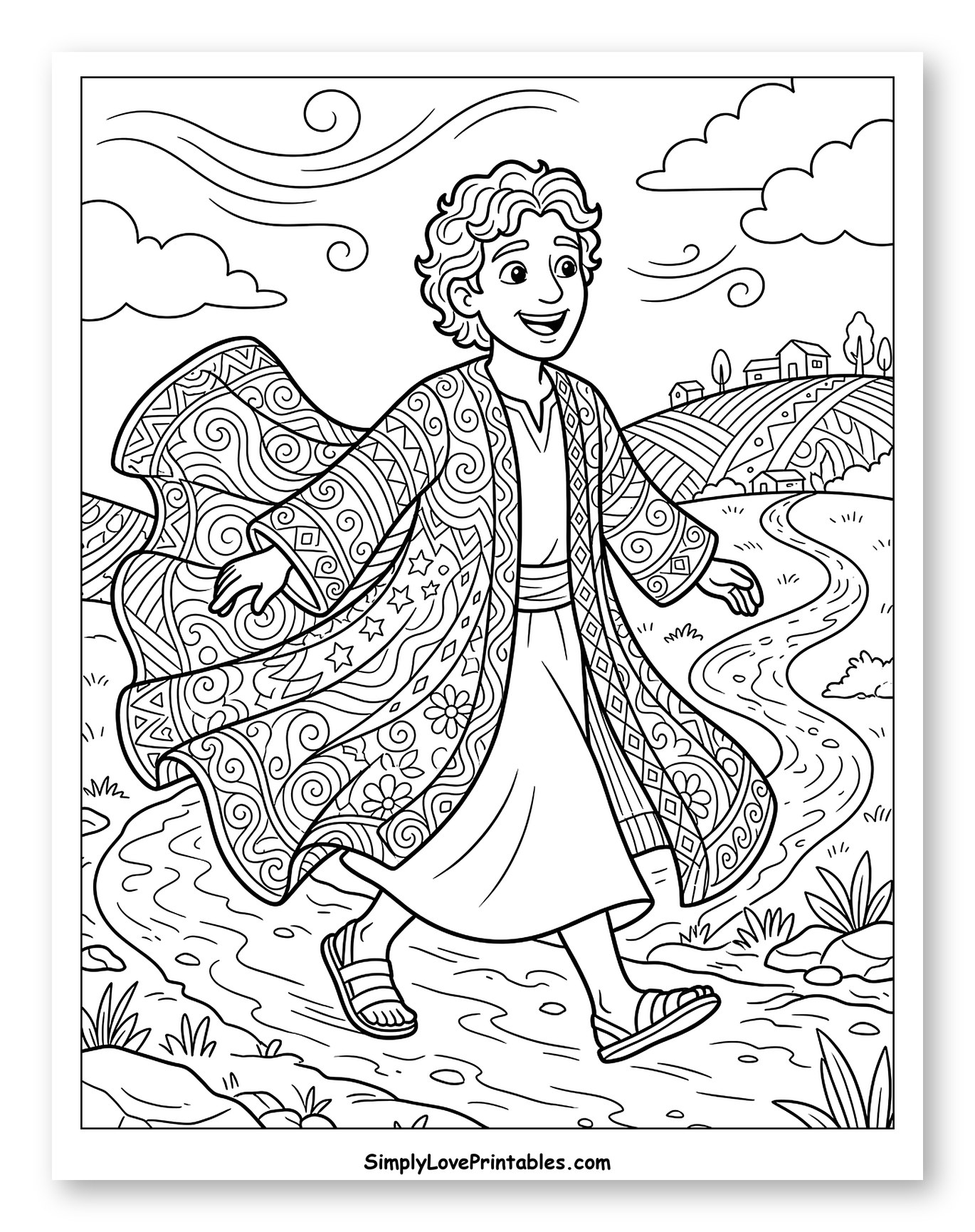 Happy Young Man Walking in a Patterned Robe to Color for Kids