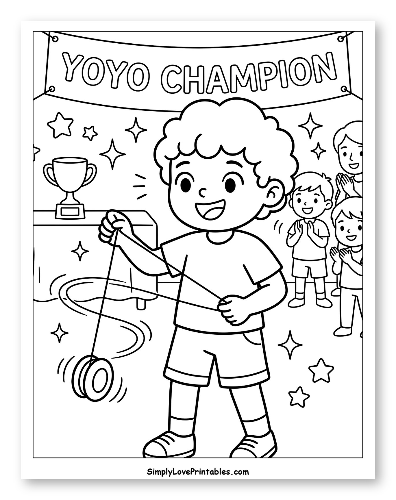 Happy Yoyo Champion with Trophy and Friends Coloring Sheet for Kids