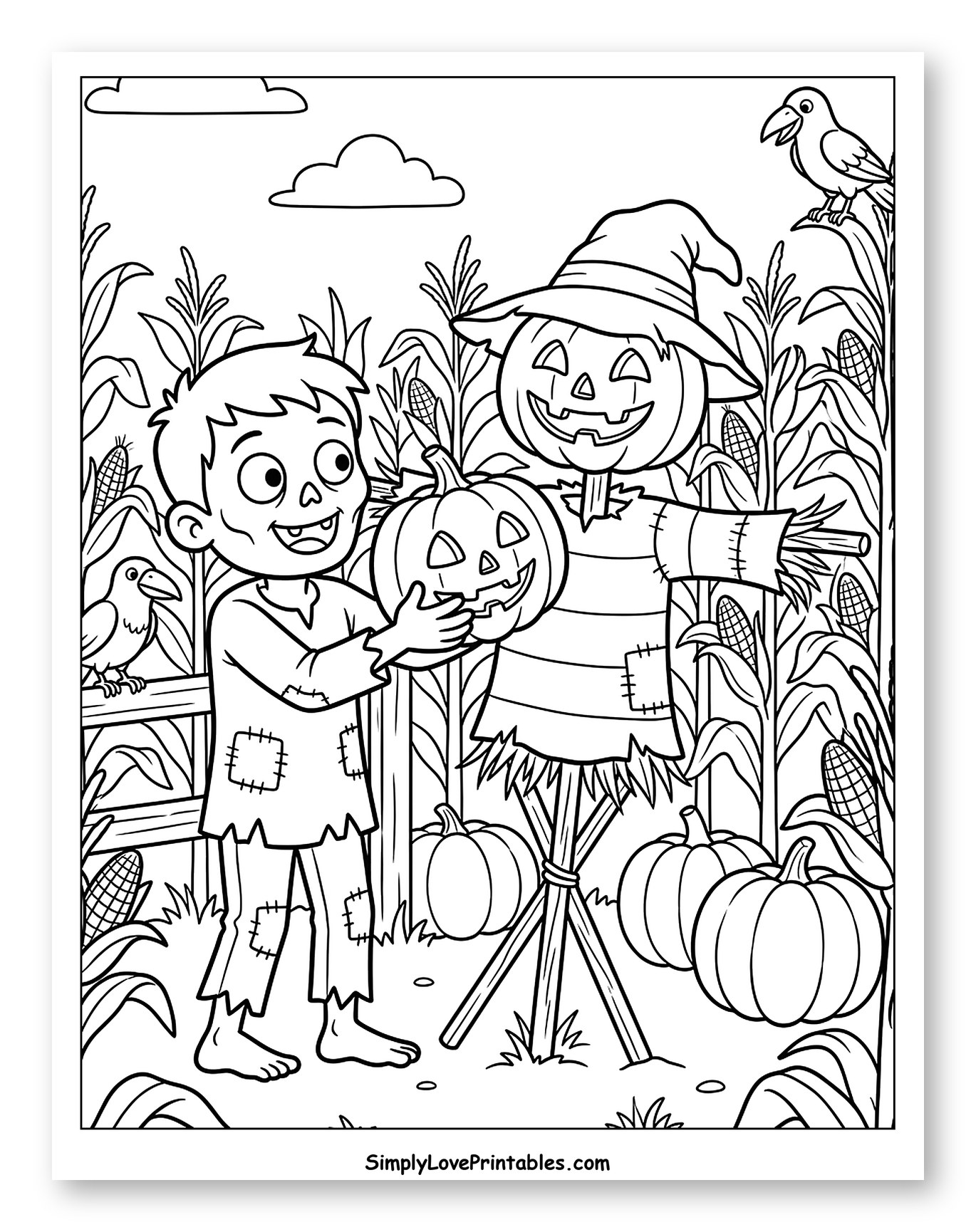 Happy Zombie Boy and Jack-o'-lantern Scarecrow Coloring Page for Kids