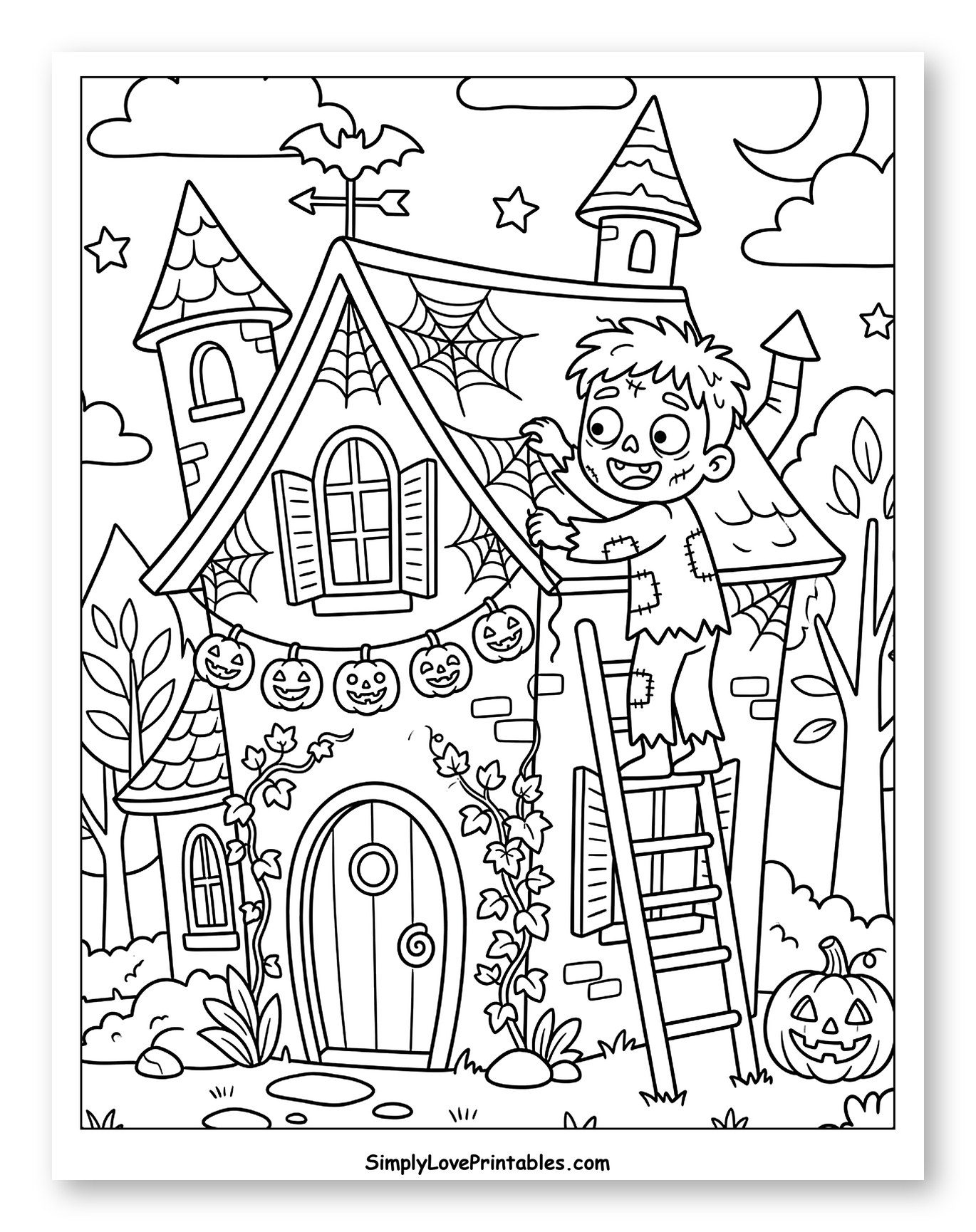 Happy Zombie Decorating Haunted House Coloring Sheet for Kids