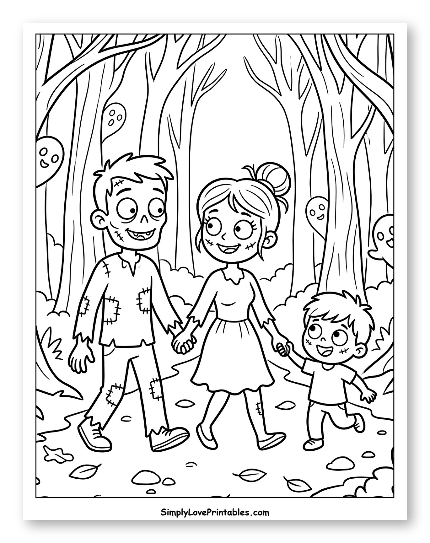 Happy Zombie Family Walking in Forest to Color for Kids