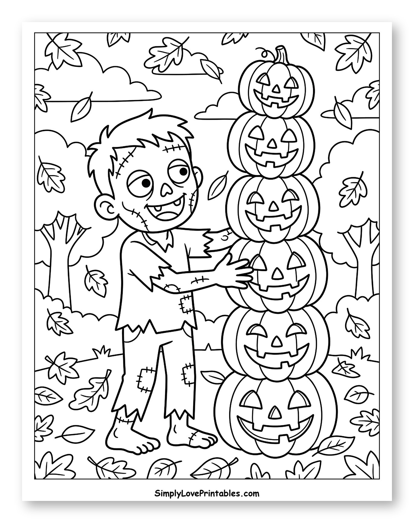 Happy Zombie Stacking Pumpkins in Autumn Coloring Sheet for Kids