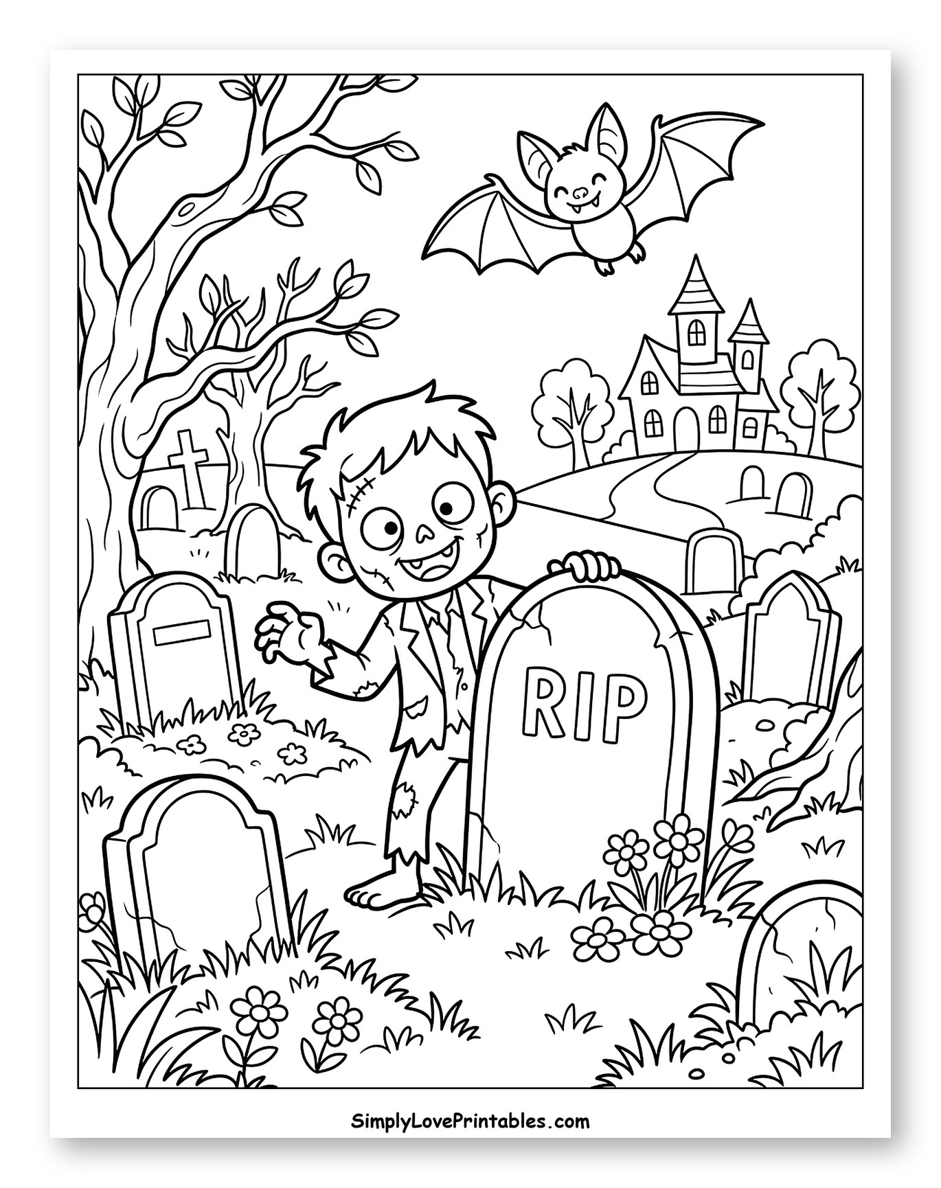 Happy Zombie with Bat and Spooky House Coloring Page for Kids