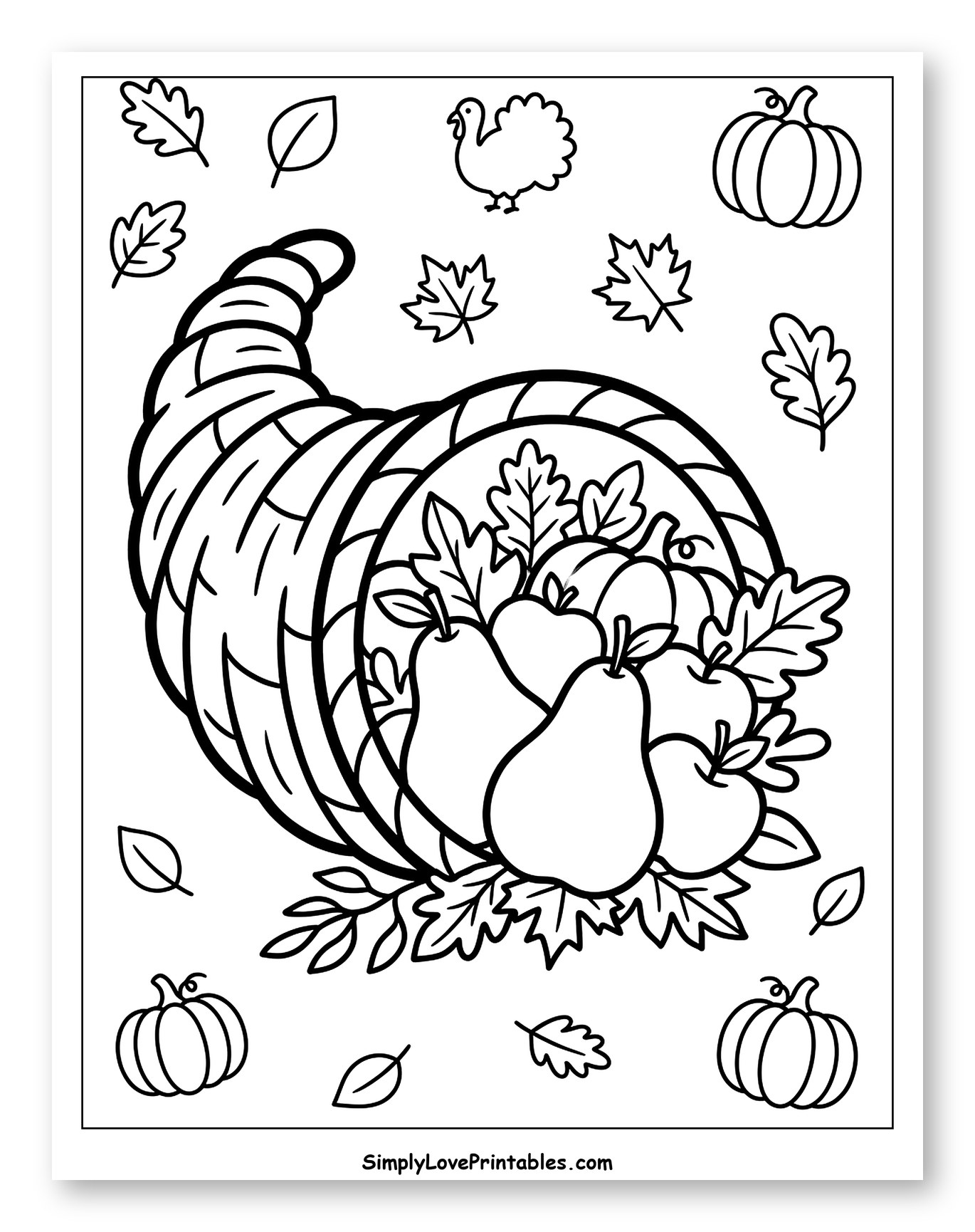 Harvest Cornucopia with Fruits and Autumn Leaves