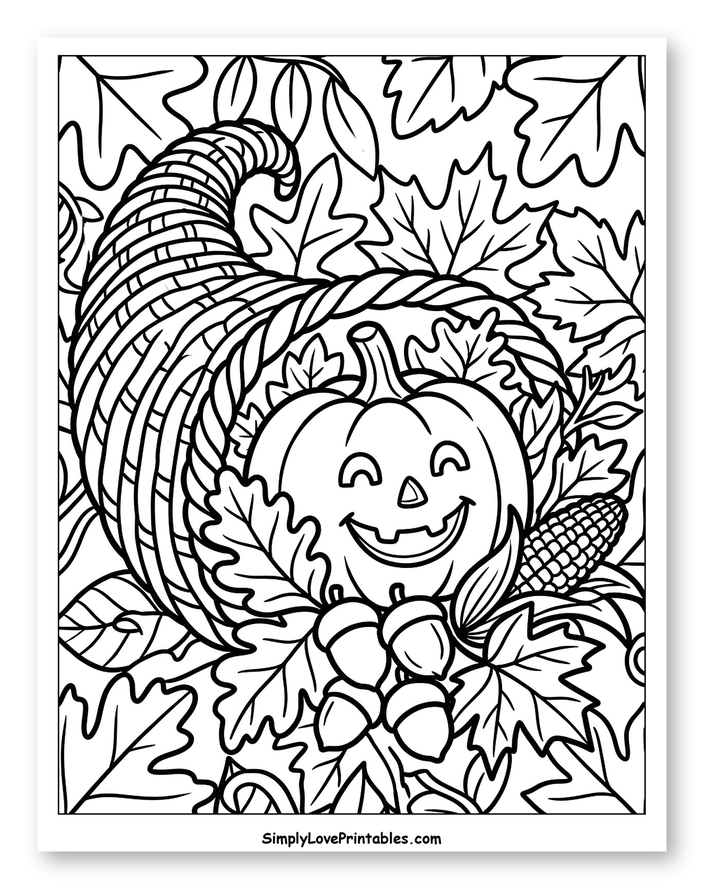 Harvest Cornucopia with Jack-o'-Lantern and Autumn Leaves