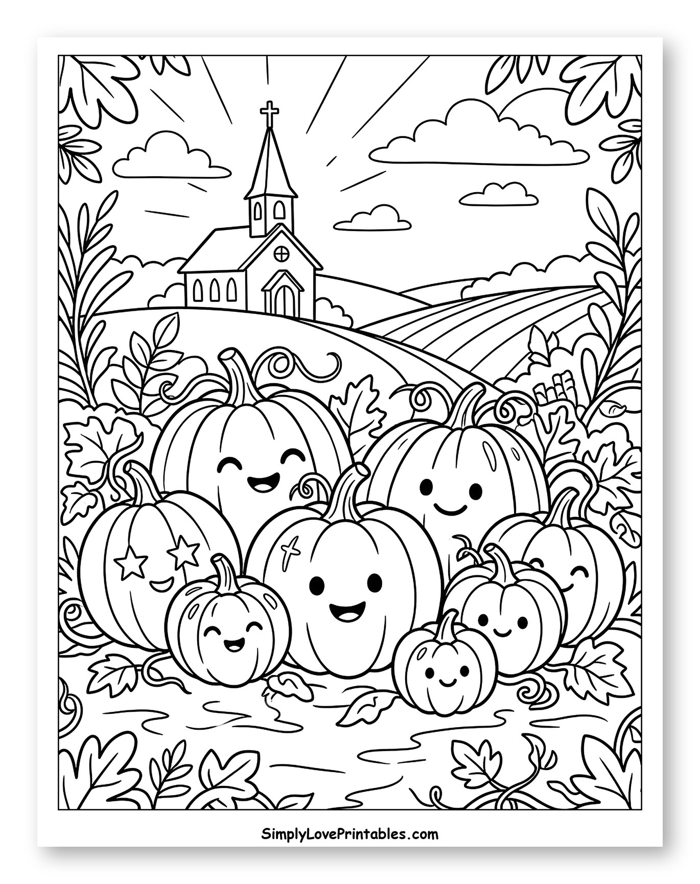 Harvest Scene with Happy Pumpkins and Church