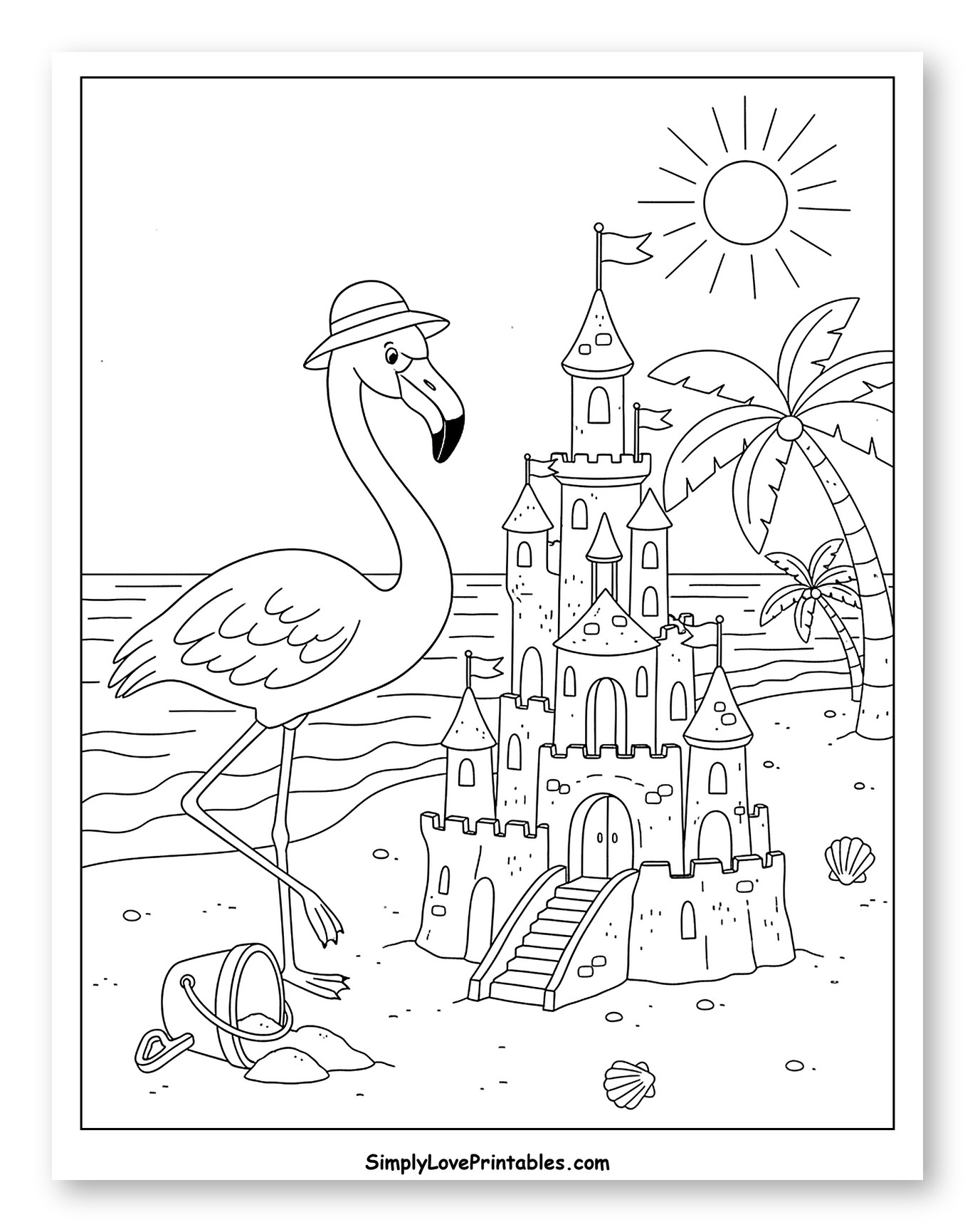 Hat-Wearing Flamingo by a Sandcastle