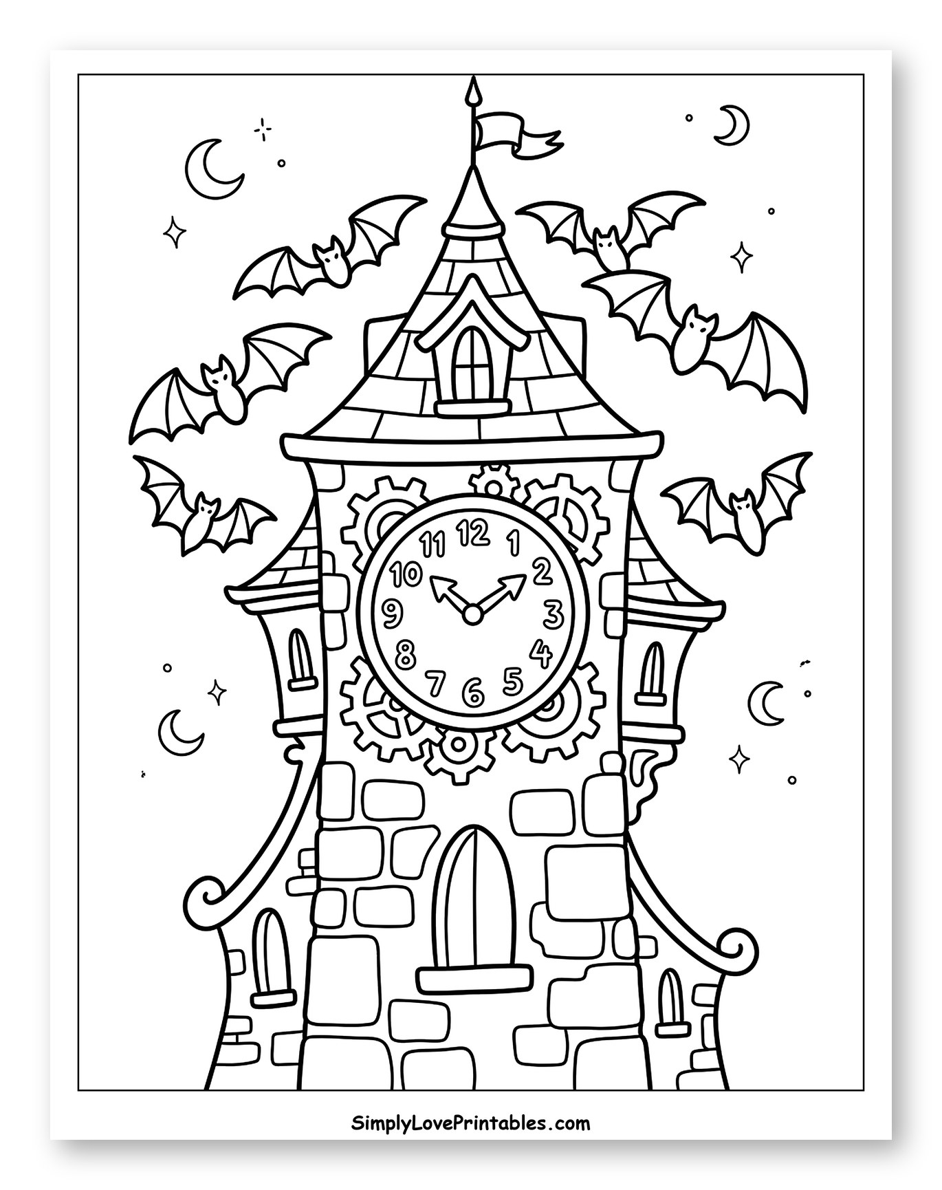 Haunted Clock Tower and Flying Bats Coloring Sheet for Adults
